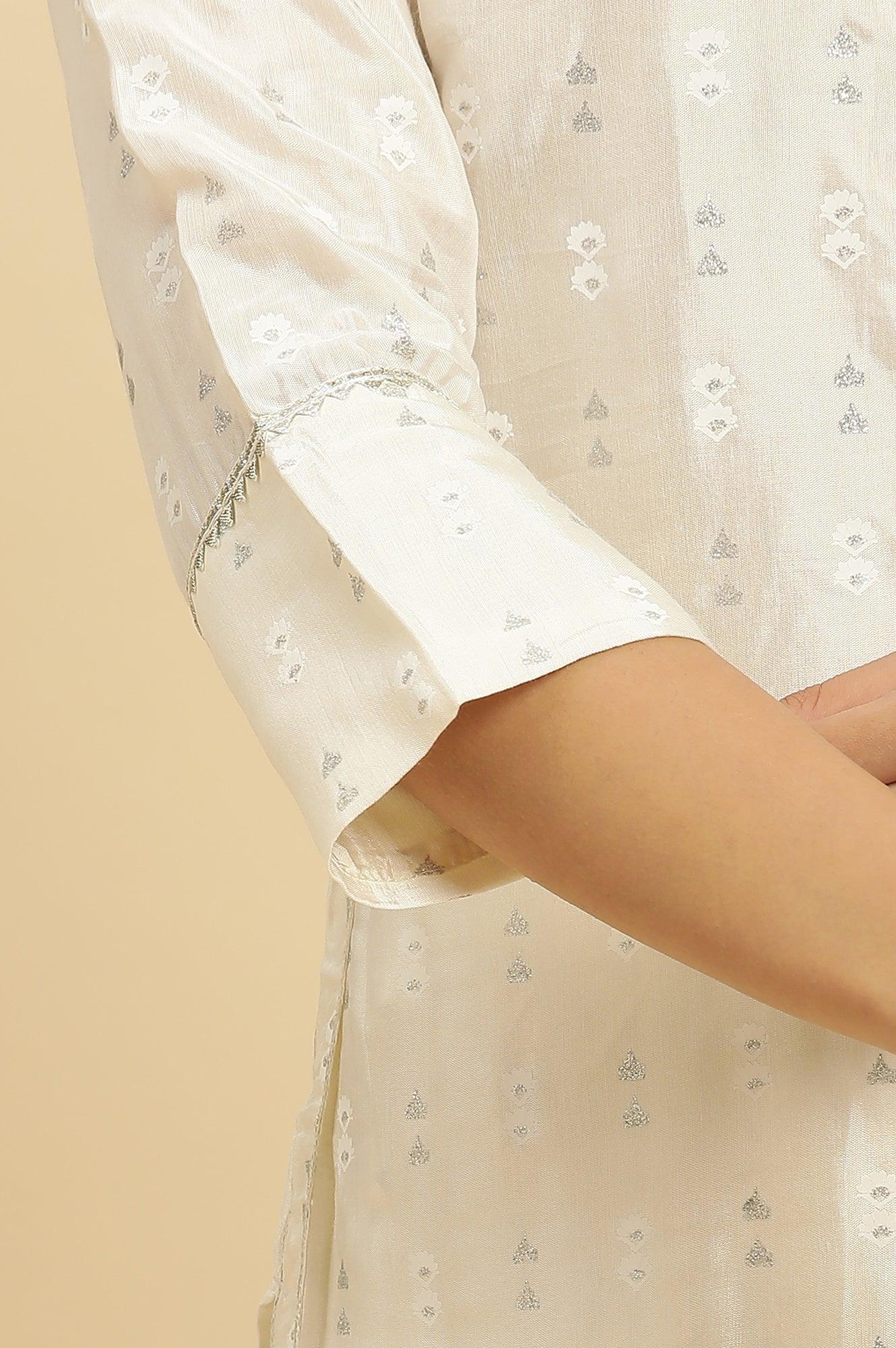White Floral Glitter Printed Shantung Kurta And Pants Set - Image 8