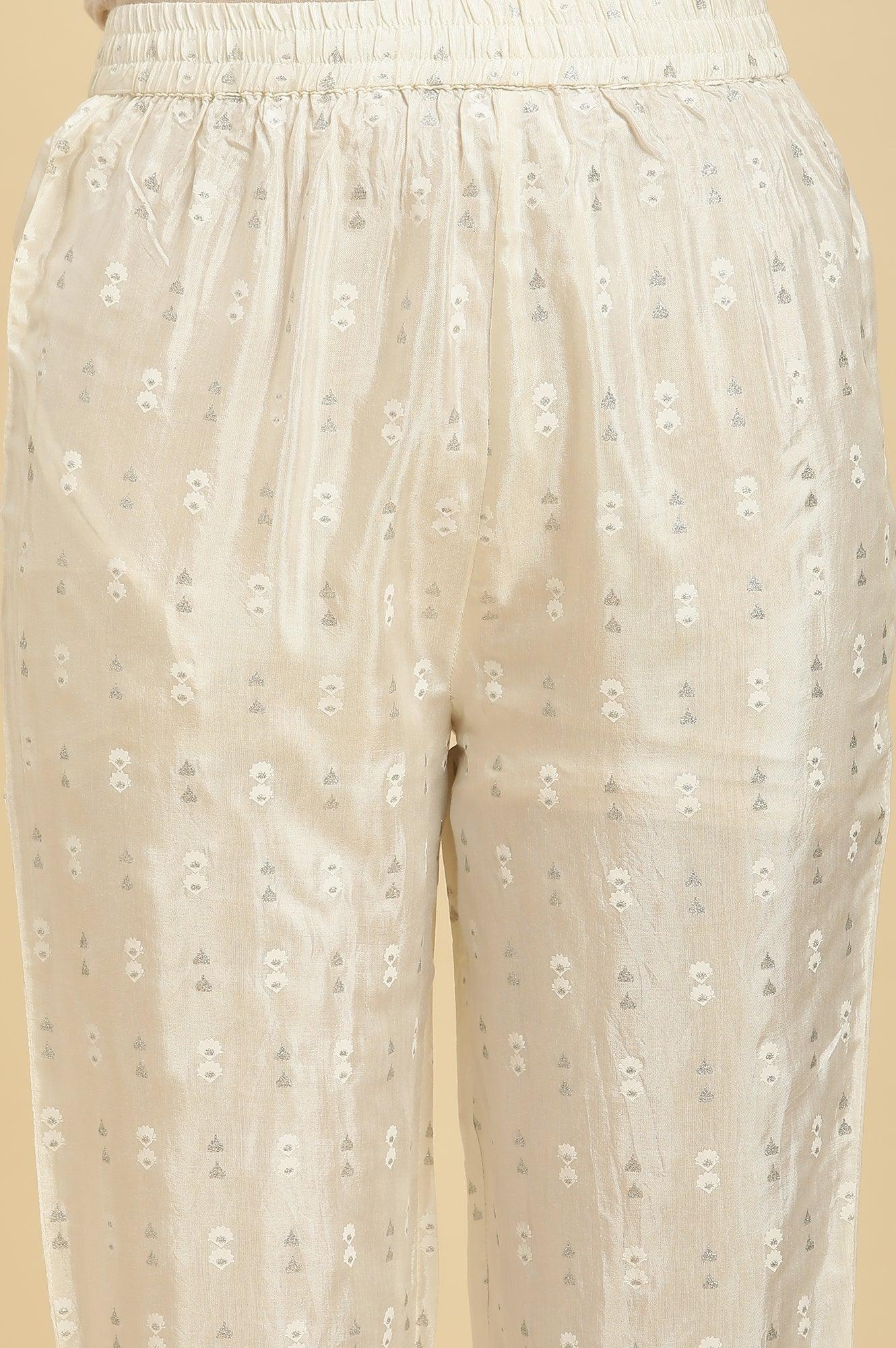 White Floral Glitter Printed Shantung Kurta And Pants Set - Image 9