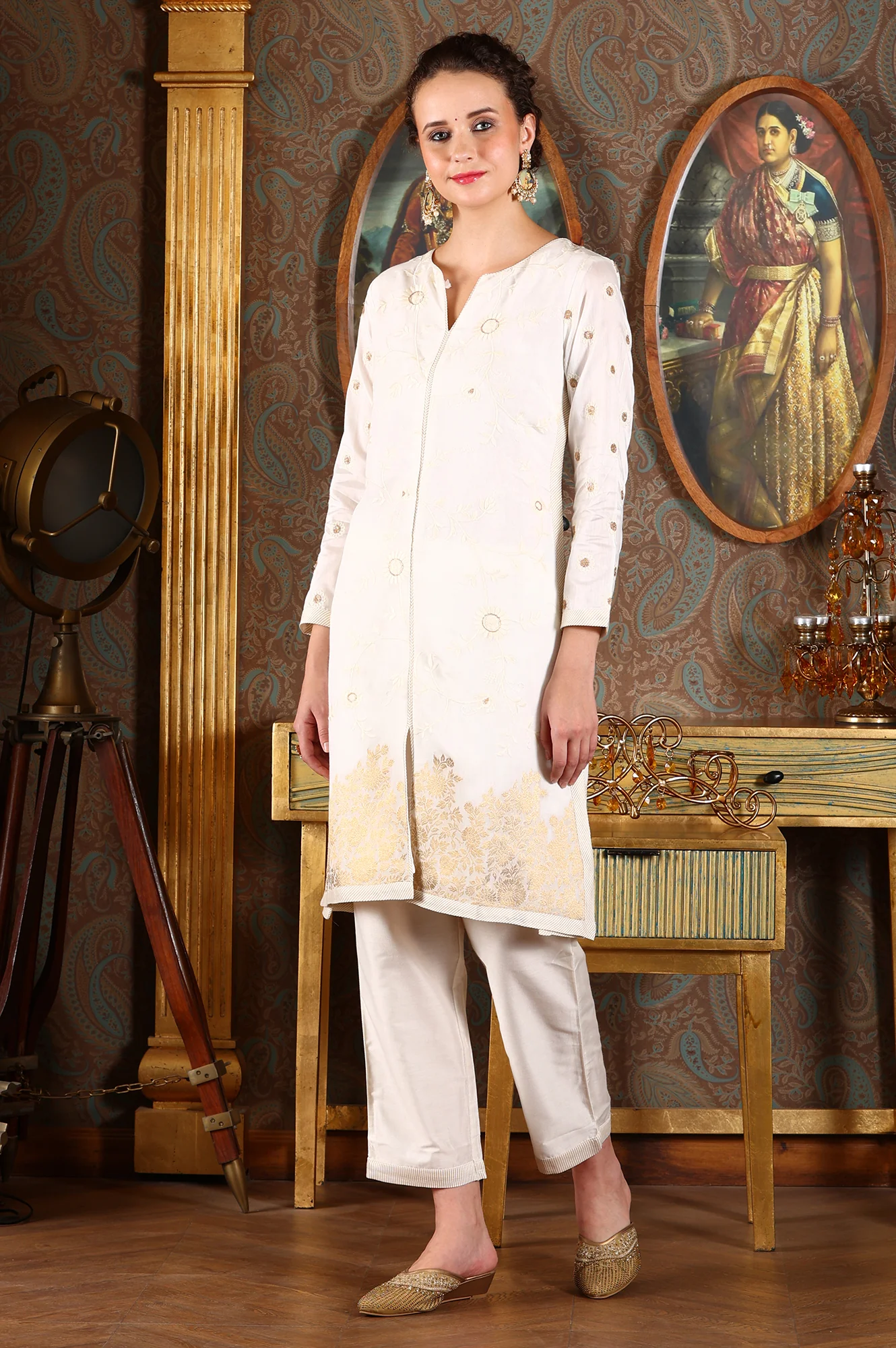 White Floral Gold Printed Thread Embroidered A-Line Kurta, Pants And Dupatta Set - Image 4