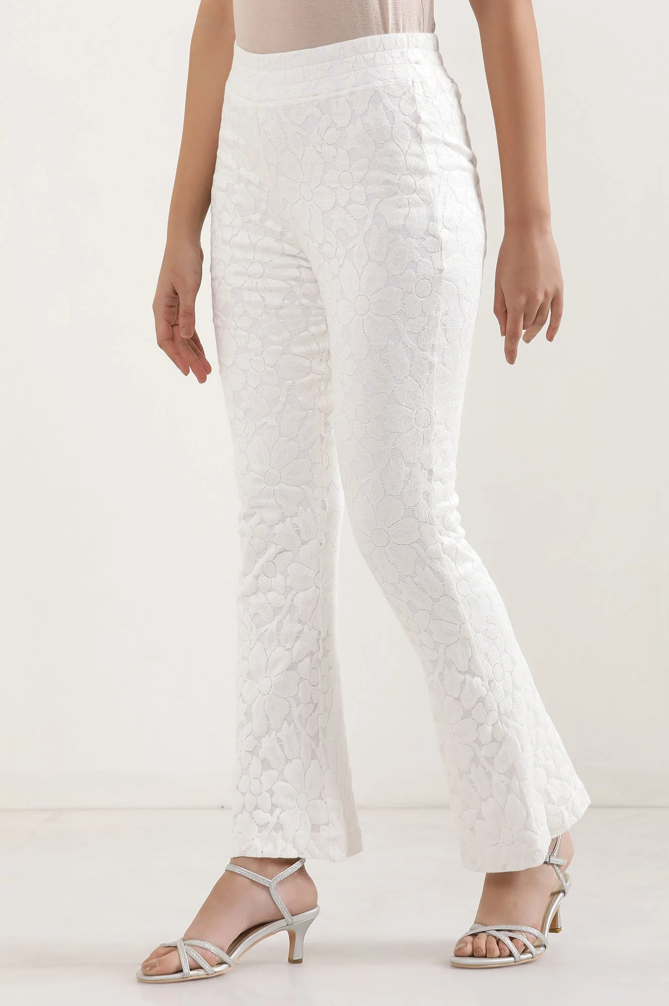Elleven Women's White Floral Flared Cotton Pants With Elasticated Waist - Image 3