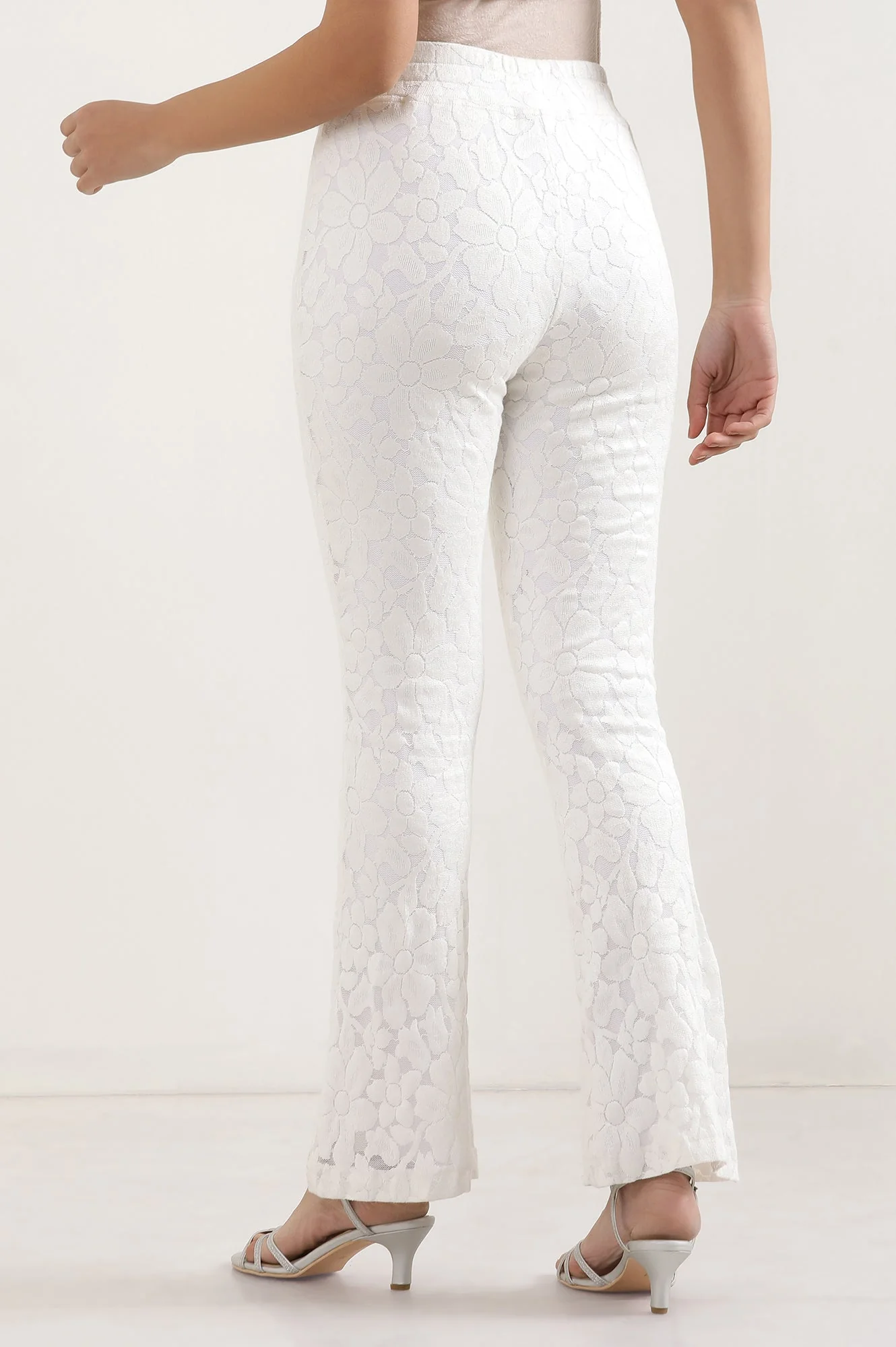 Elleven Women's White Floral Flared Cotton Pants With Elasticated Waist - Image 4
