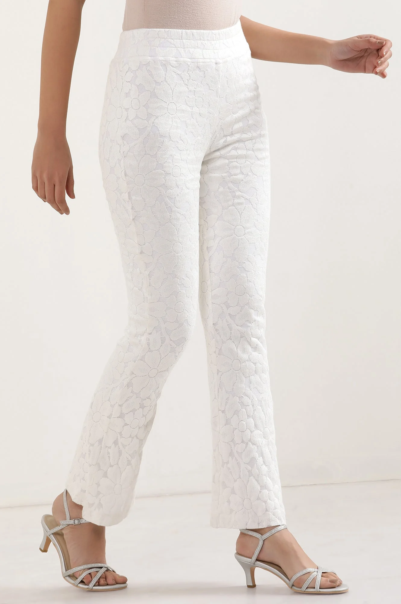 Elleven Women's White Floral Flared Cotton Pants With Elasticated Waist - Image 5