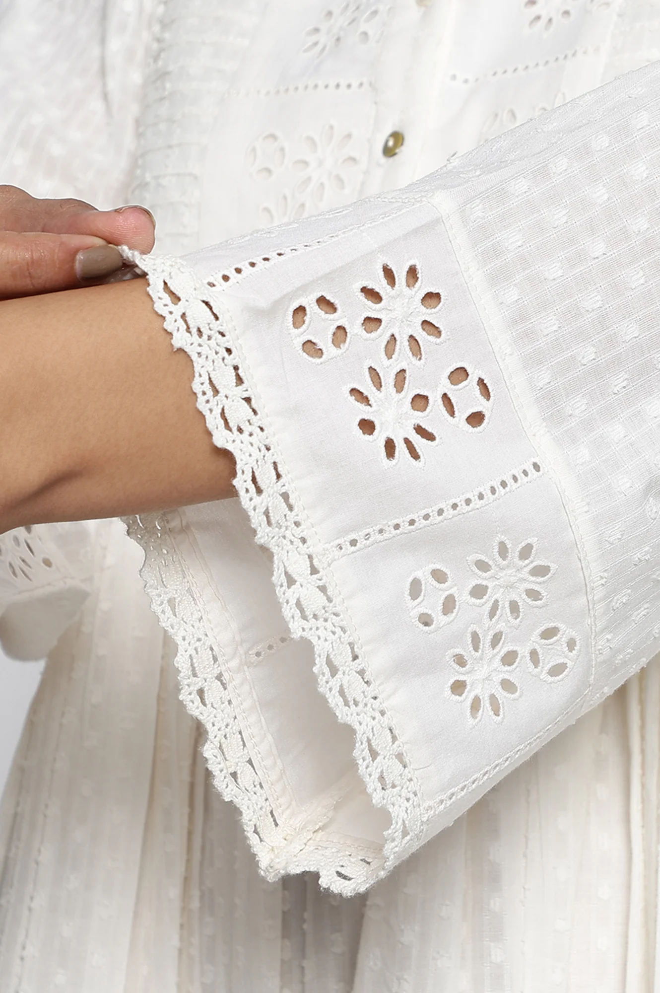 White Schiffli Embroidered Flared Cotton Dress - Image 7