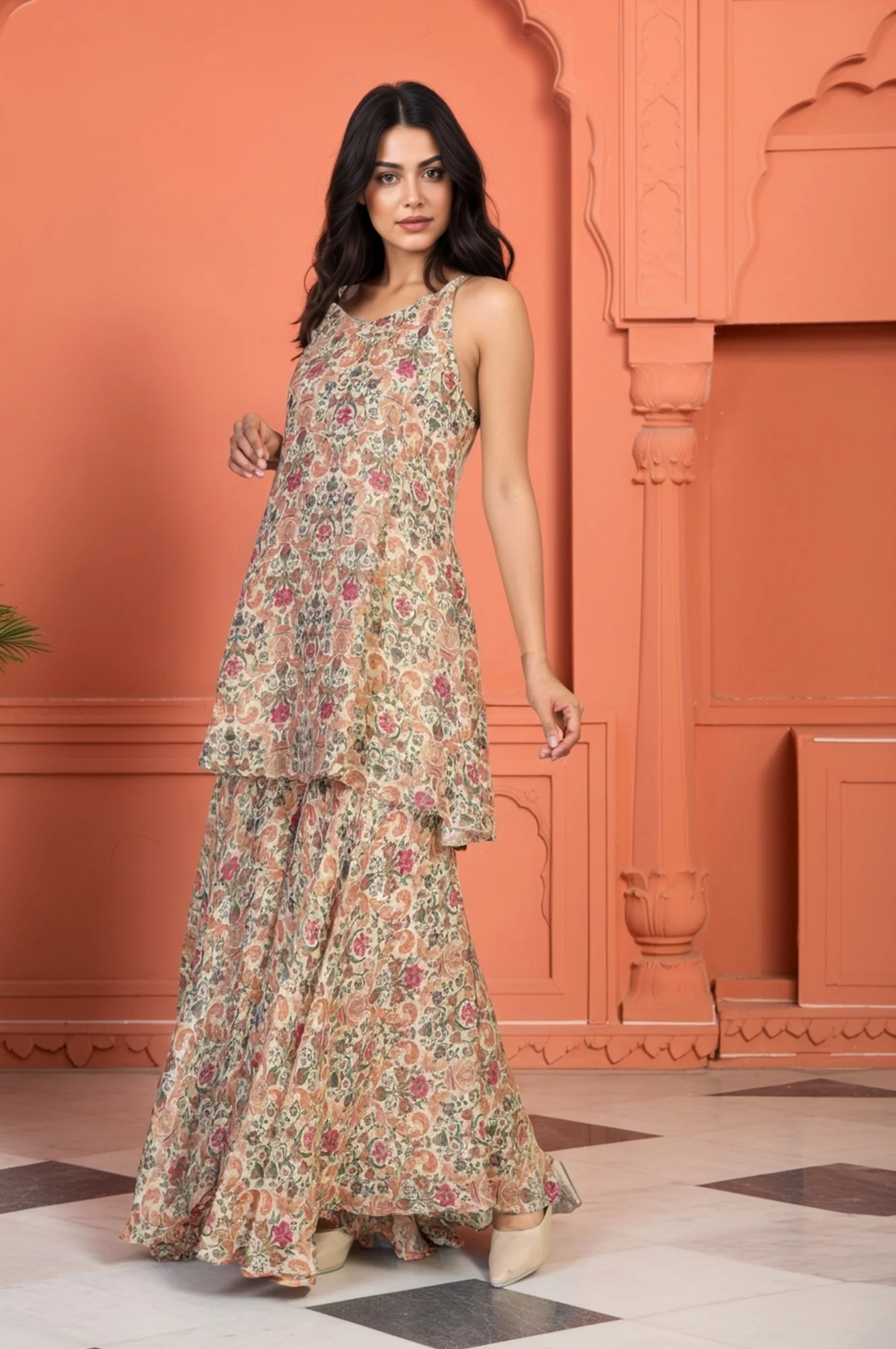 White Floral Print Tape Flared Tissue Kurta with Sharara and Dupatta Set - Image 6