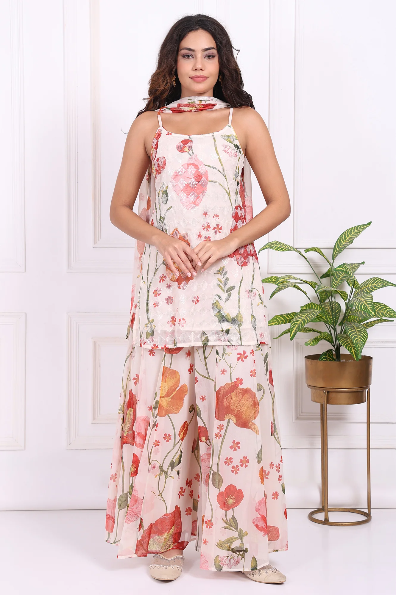 White Floral Printed A-Line Crepe Kurta with Culotte and Dupatta Set - Image 2
