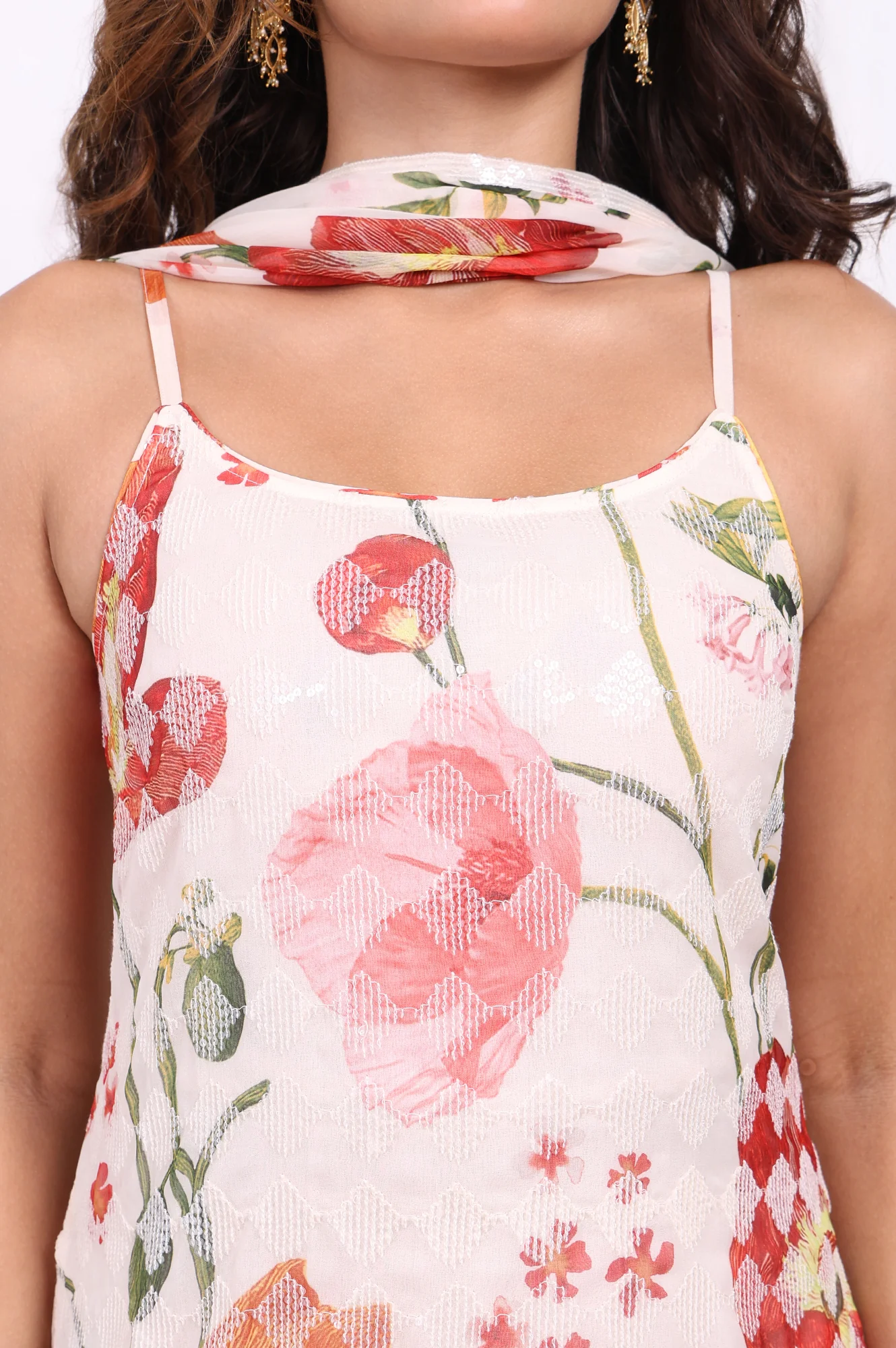 White Floral Printed A-Line Crepe Kurta with Culotte and Dupatta Set - Image 3