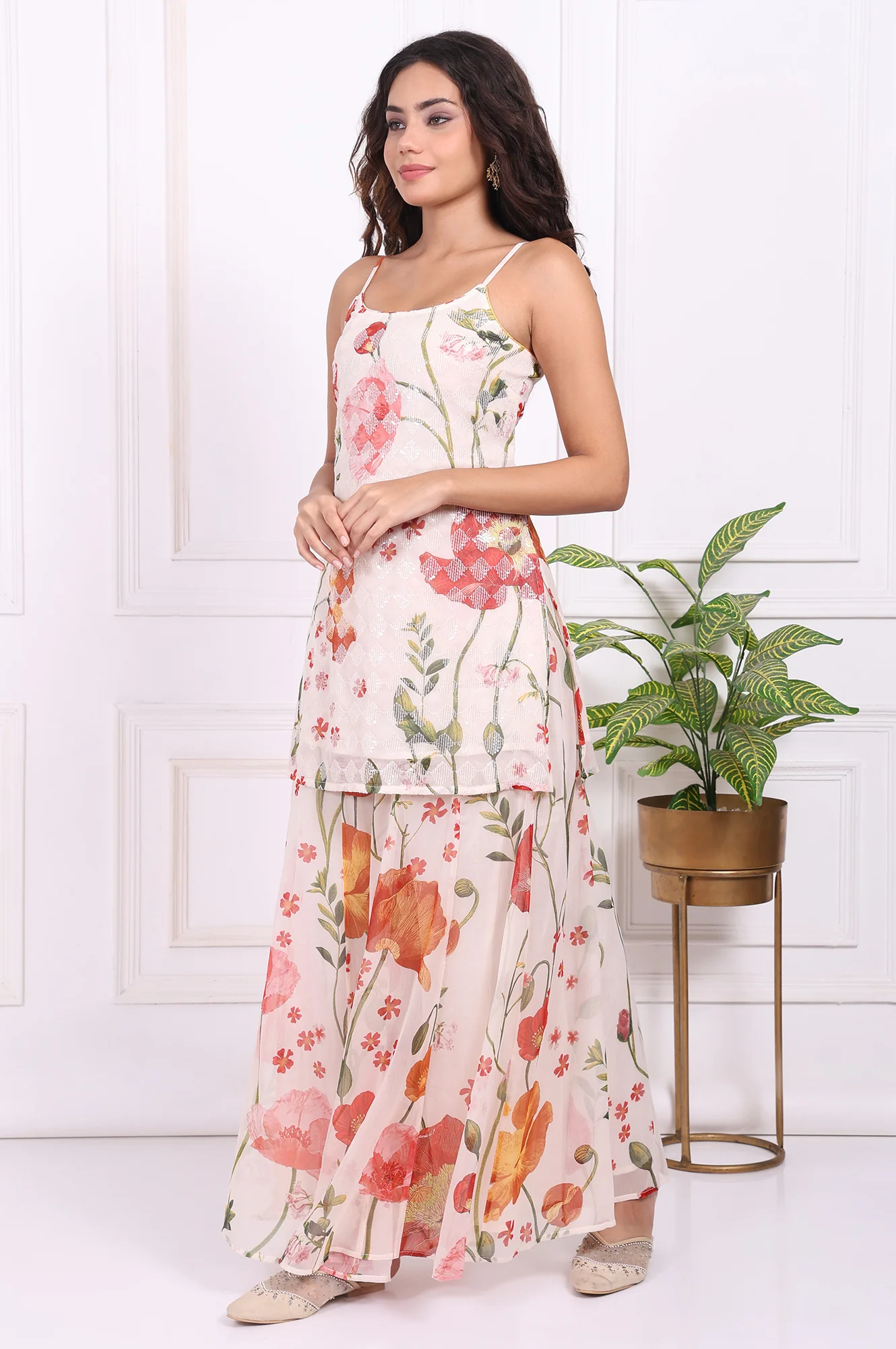 White Floral Printed A-Line Crepe Kurta with Culotte and Dupatta Set - Image 4