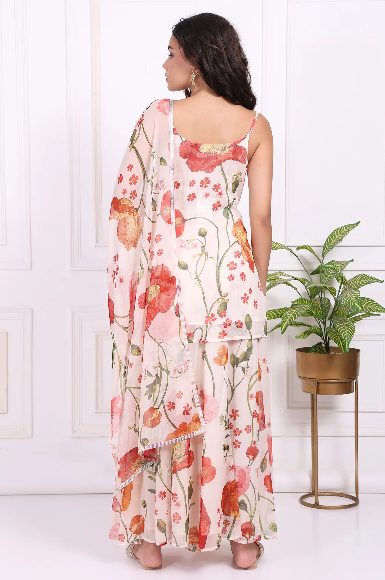 White Floral Printed A-Line Crepe Kurta with Culotte and Dupatta Set - Image 5