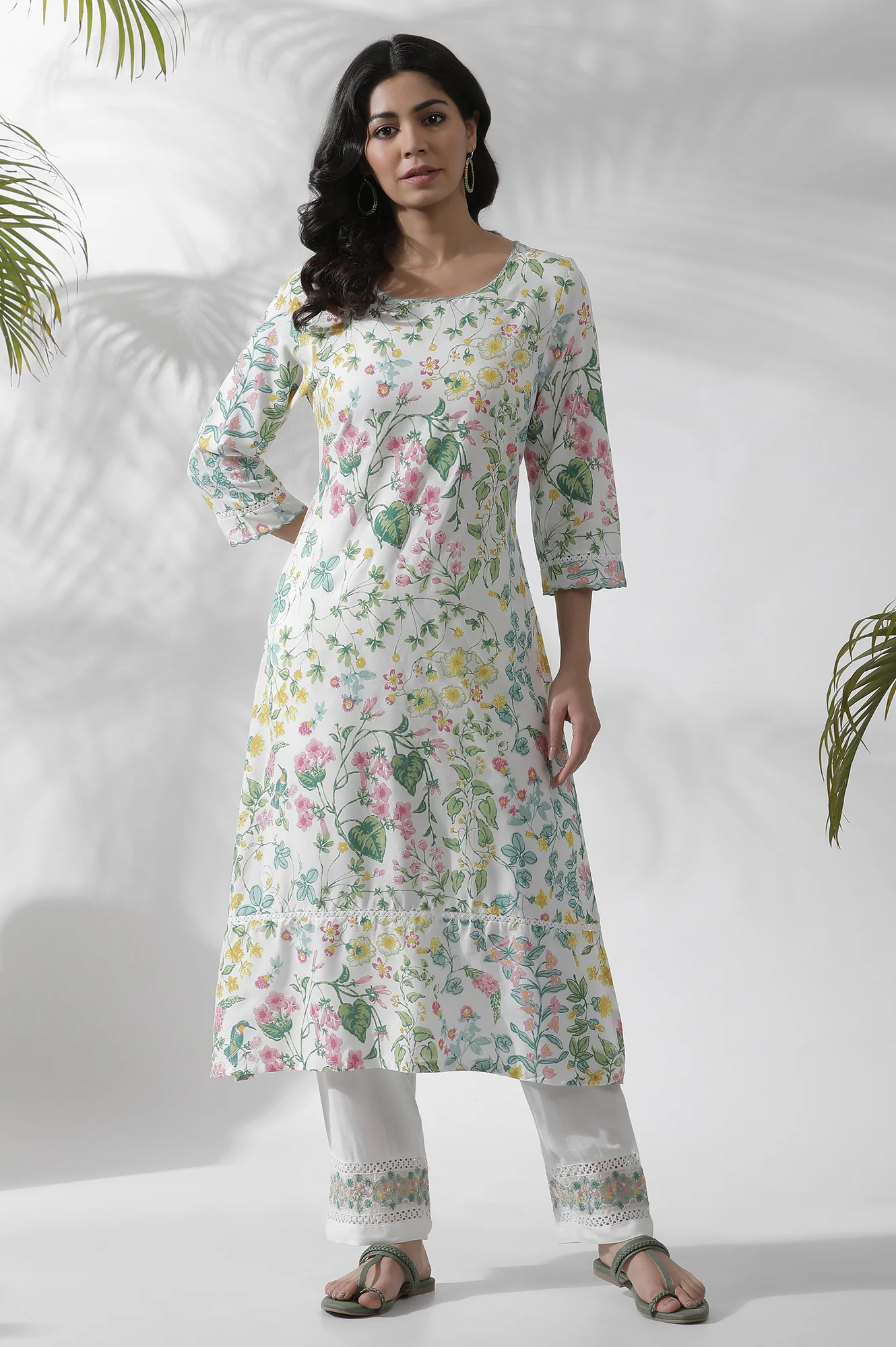 White Floral Printed A-Line Kurta - Image 2