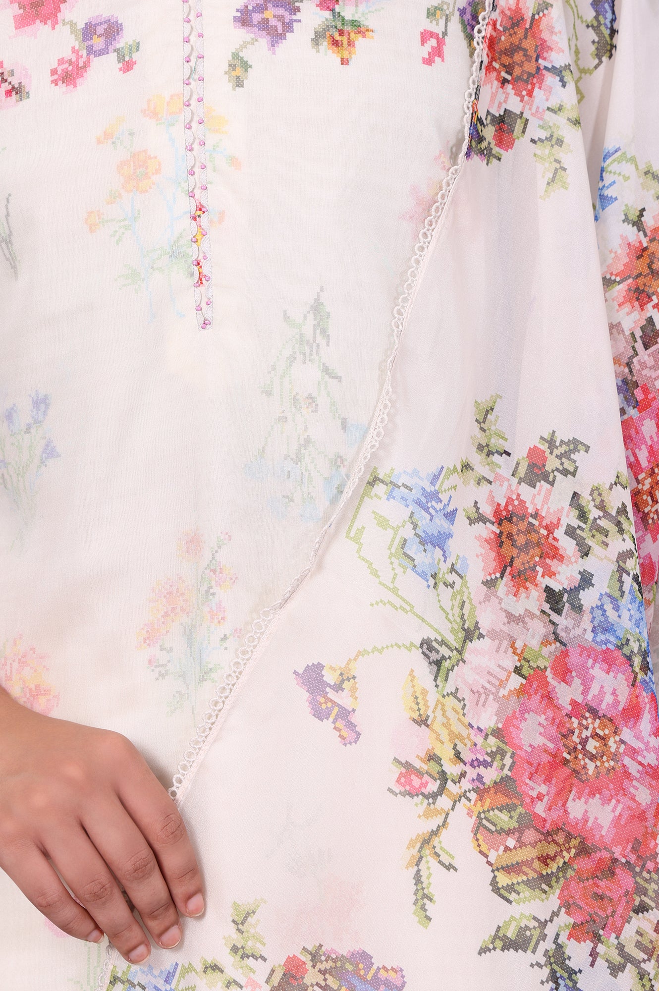 White Floral Printed Beads Organza Straight Kurta, Straight Pant And Dupatta Set - Image 8