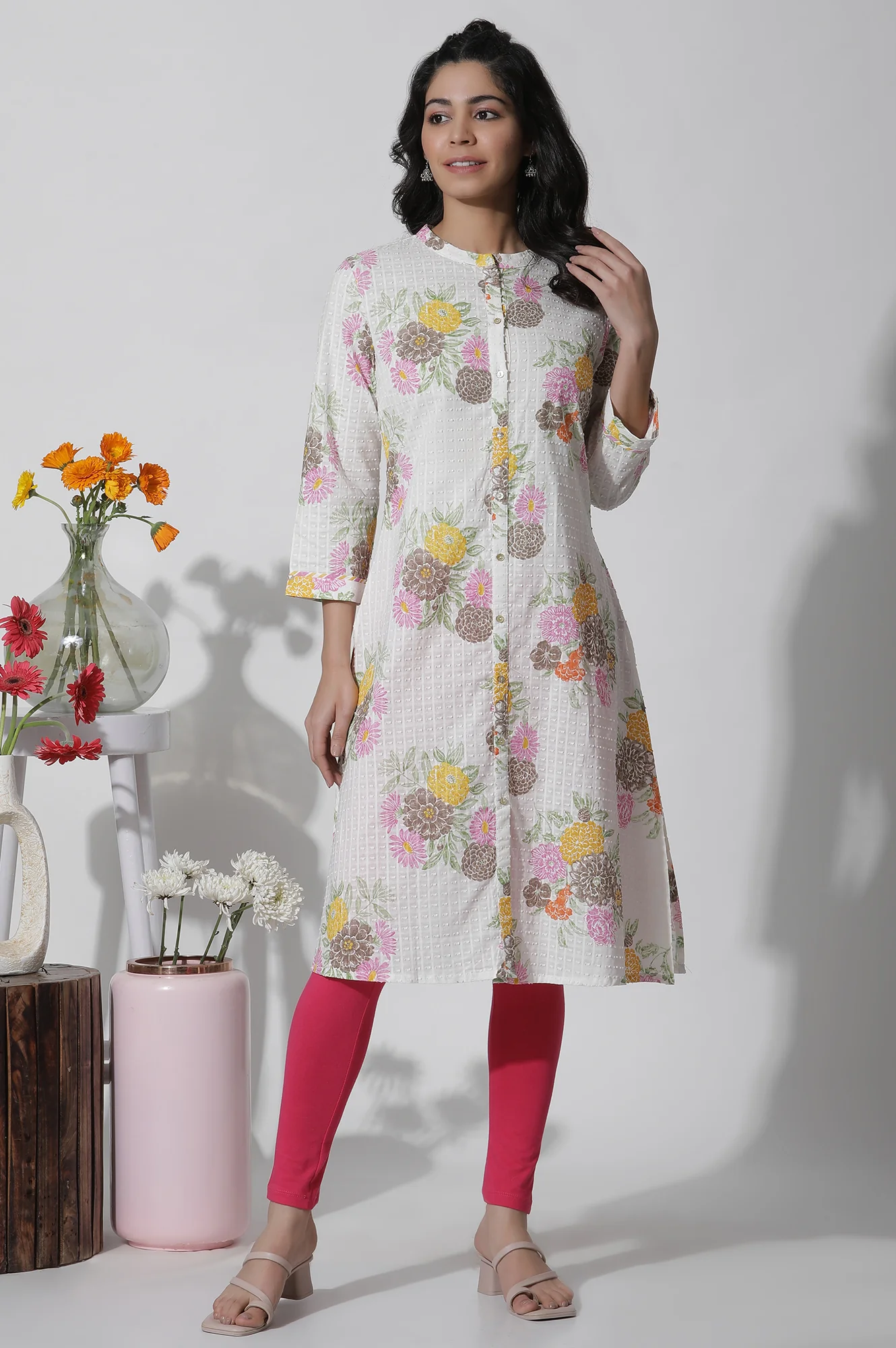 White Floral Printed Button Down Cotton Kurta - Image 2