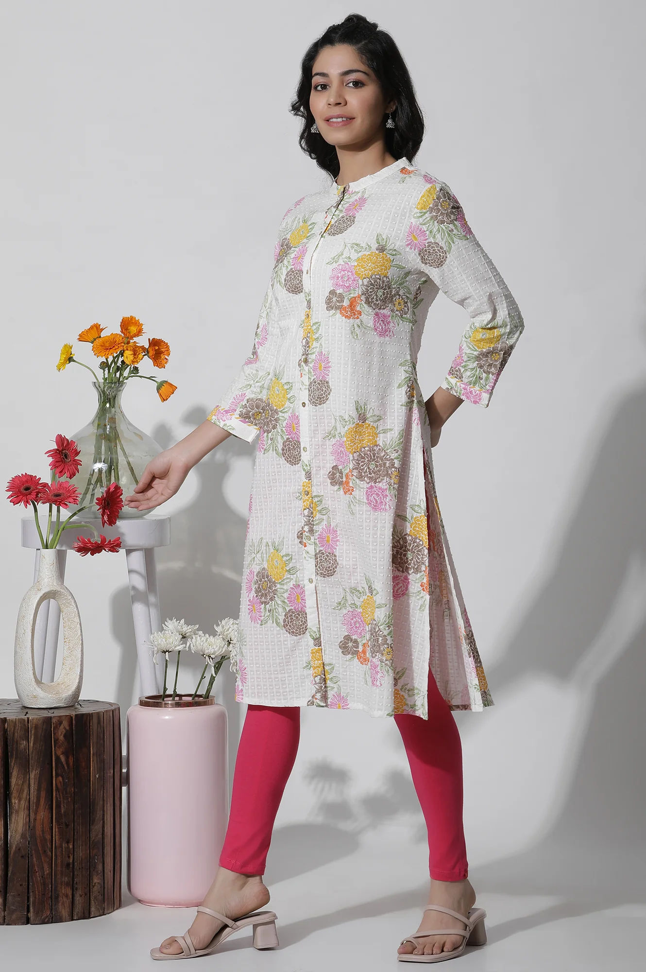 White Floral Printed Button Down Cotton Kurta - Image 3