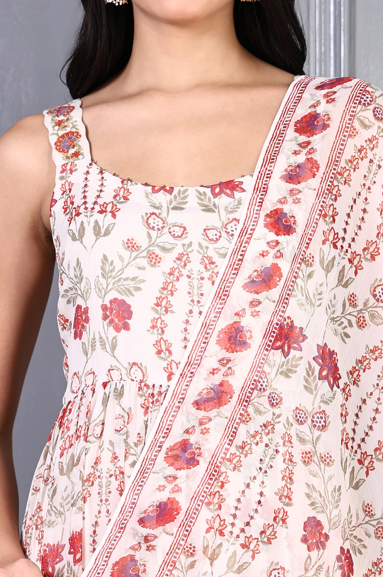 White Floral Printed Chiffon Flared Dress and Dupatta Set - Image 3