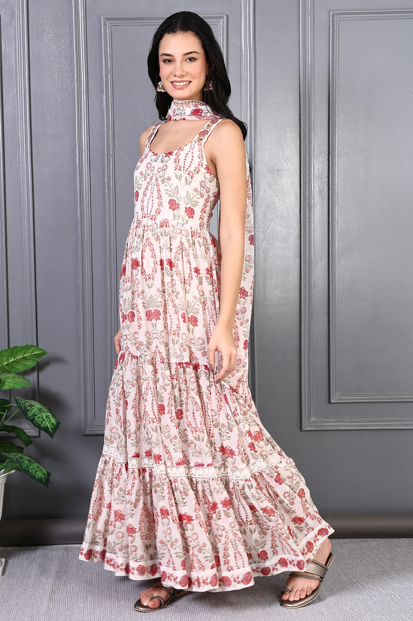 White Floral Printed Chiffon Flared Dress and Dupatta Set - Image 4