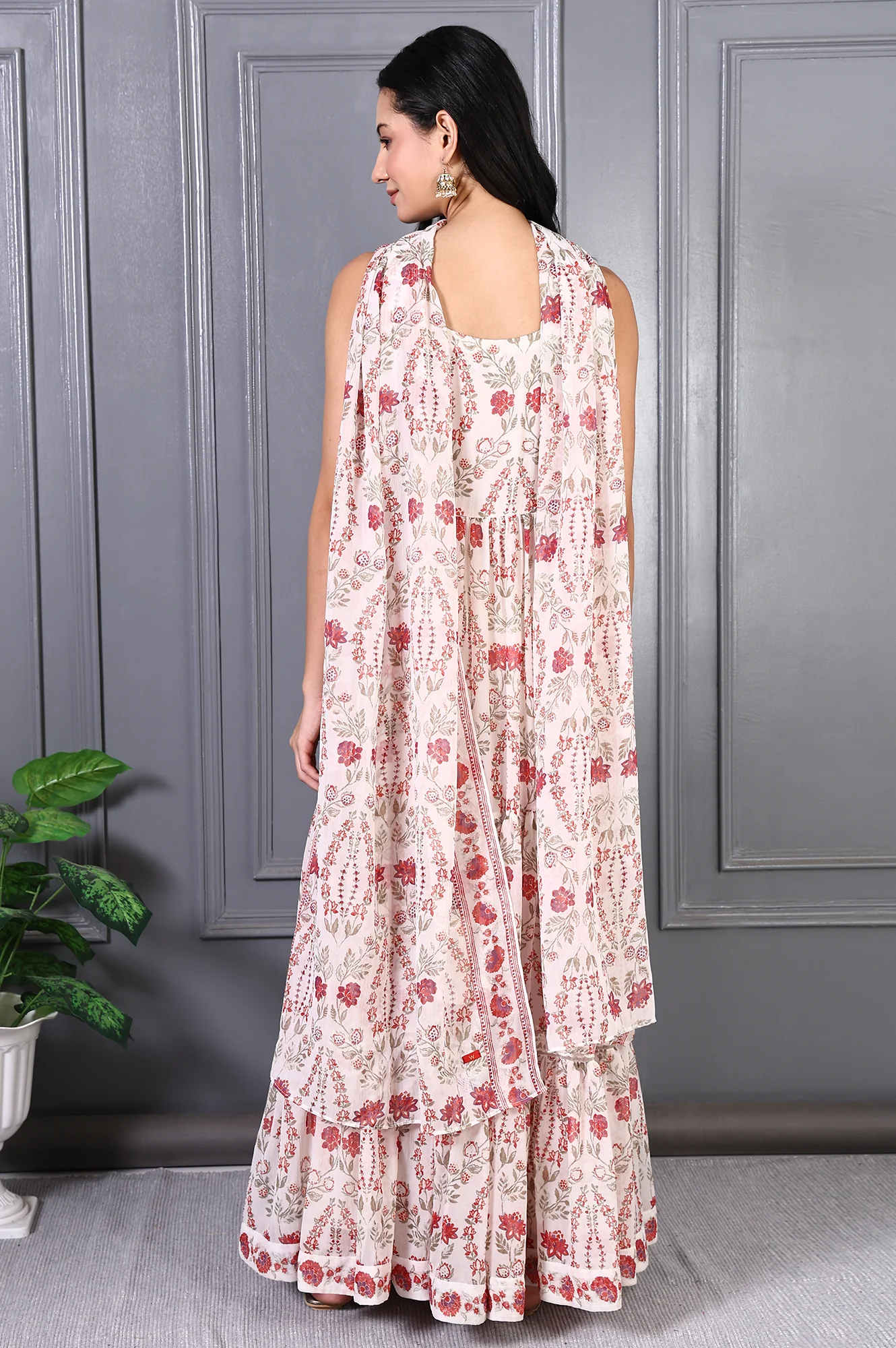 White Floral Printed Chiffon Flared Dress and Dupatta Set - Image 5