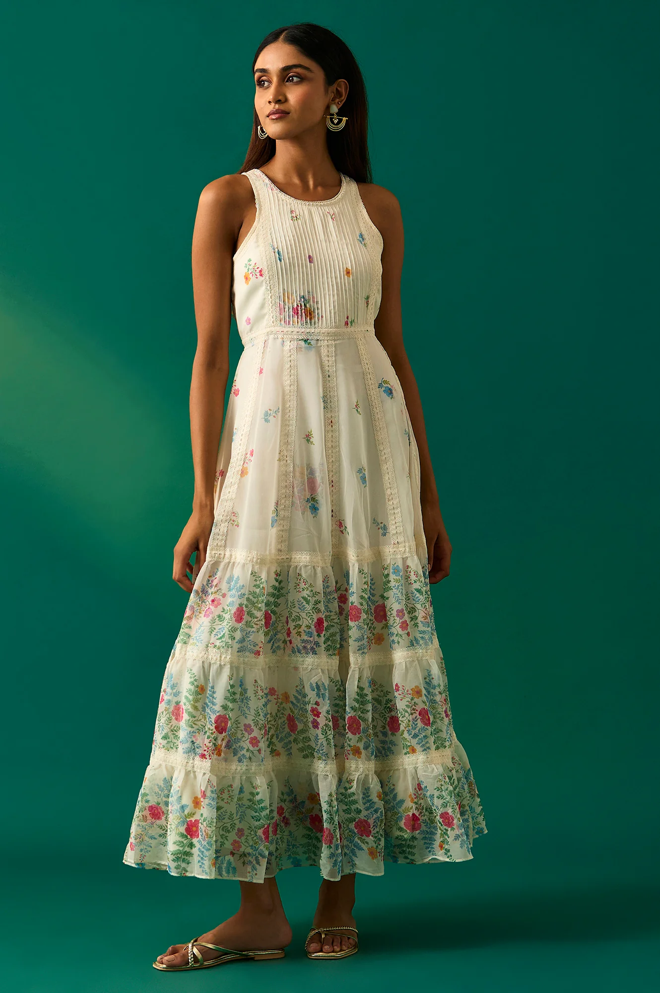 White Floral Printed Chiffon Tiered Flared Dress with Printed Cape - Image 2