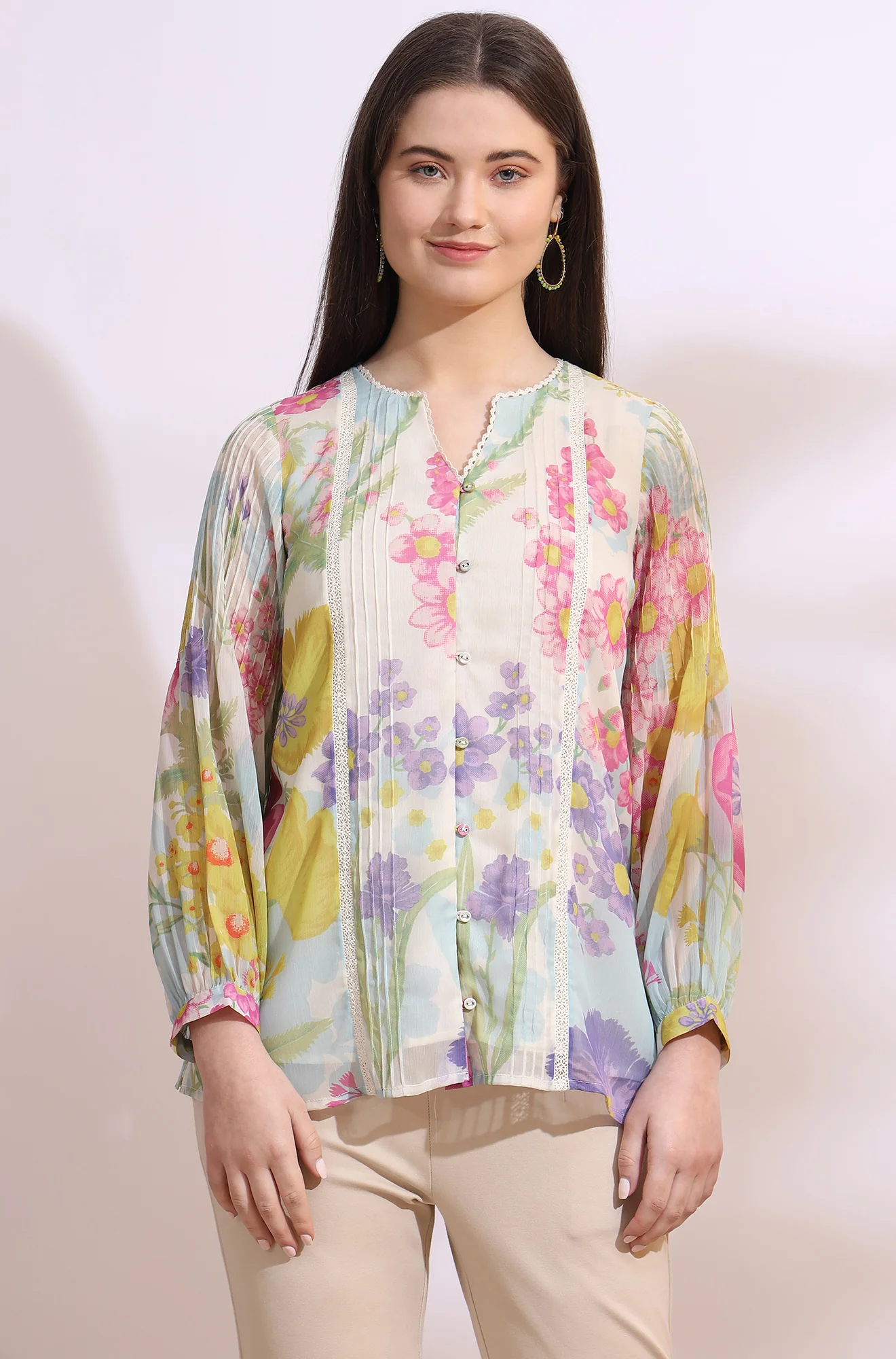 White Floral Printed Chiffon Top with Lace Work - Image 2