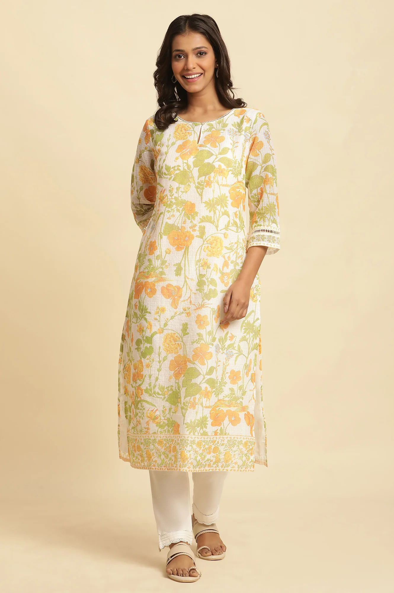 White Floral Printed Cotton Kurta - Image 2