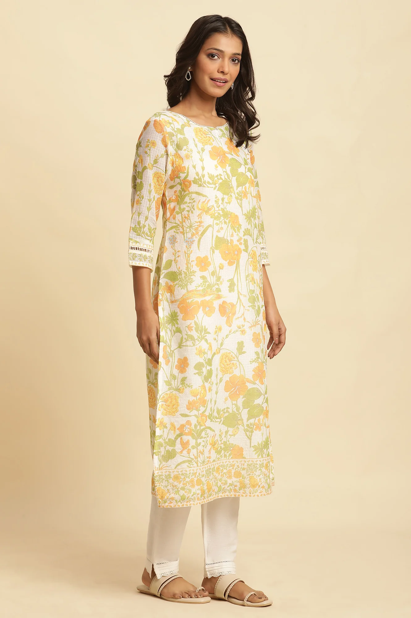 White Floral Printed Cotton Kurta - Image 3
