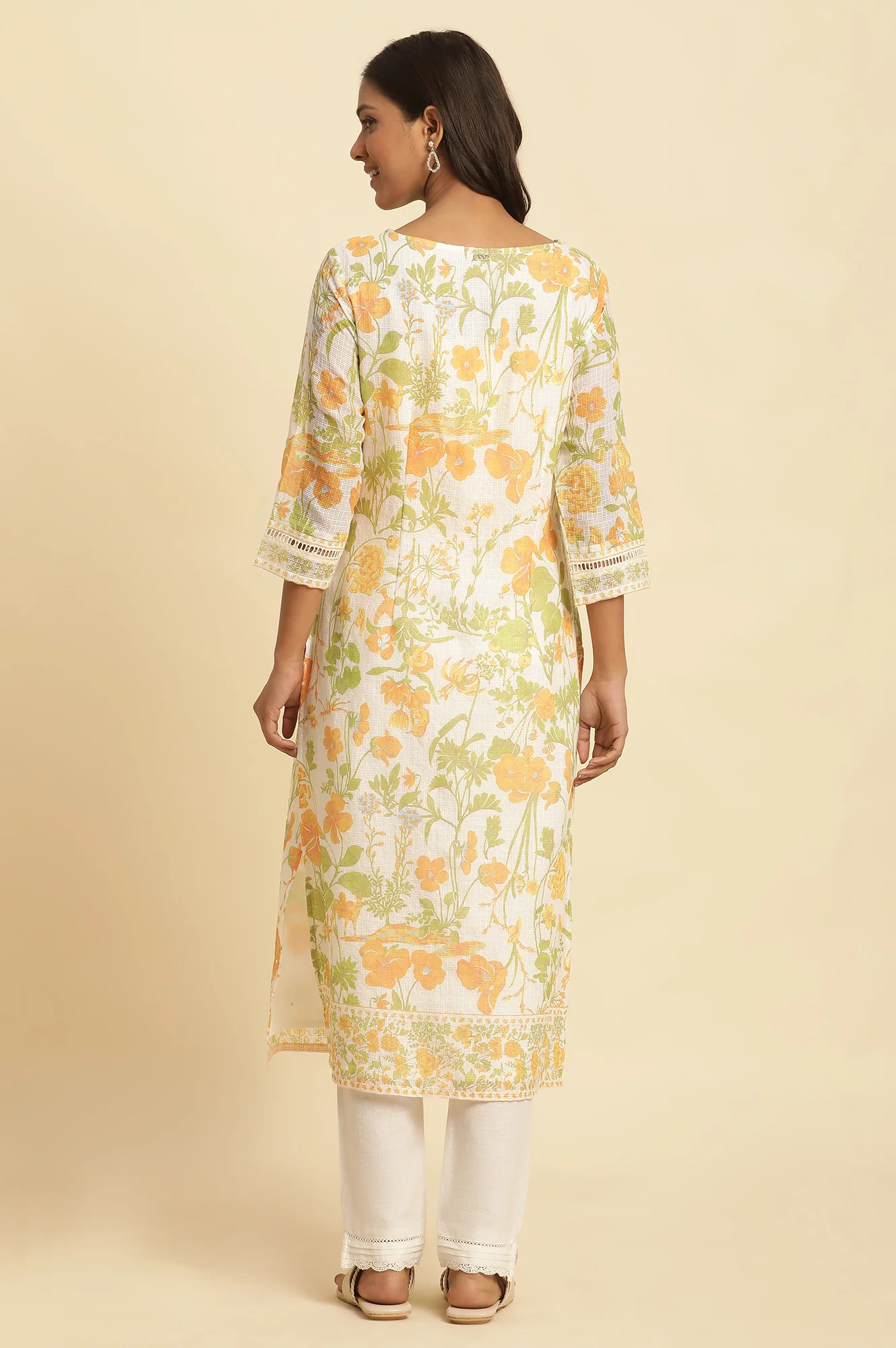 White Floral Printed Cotton Kurta - Image 4