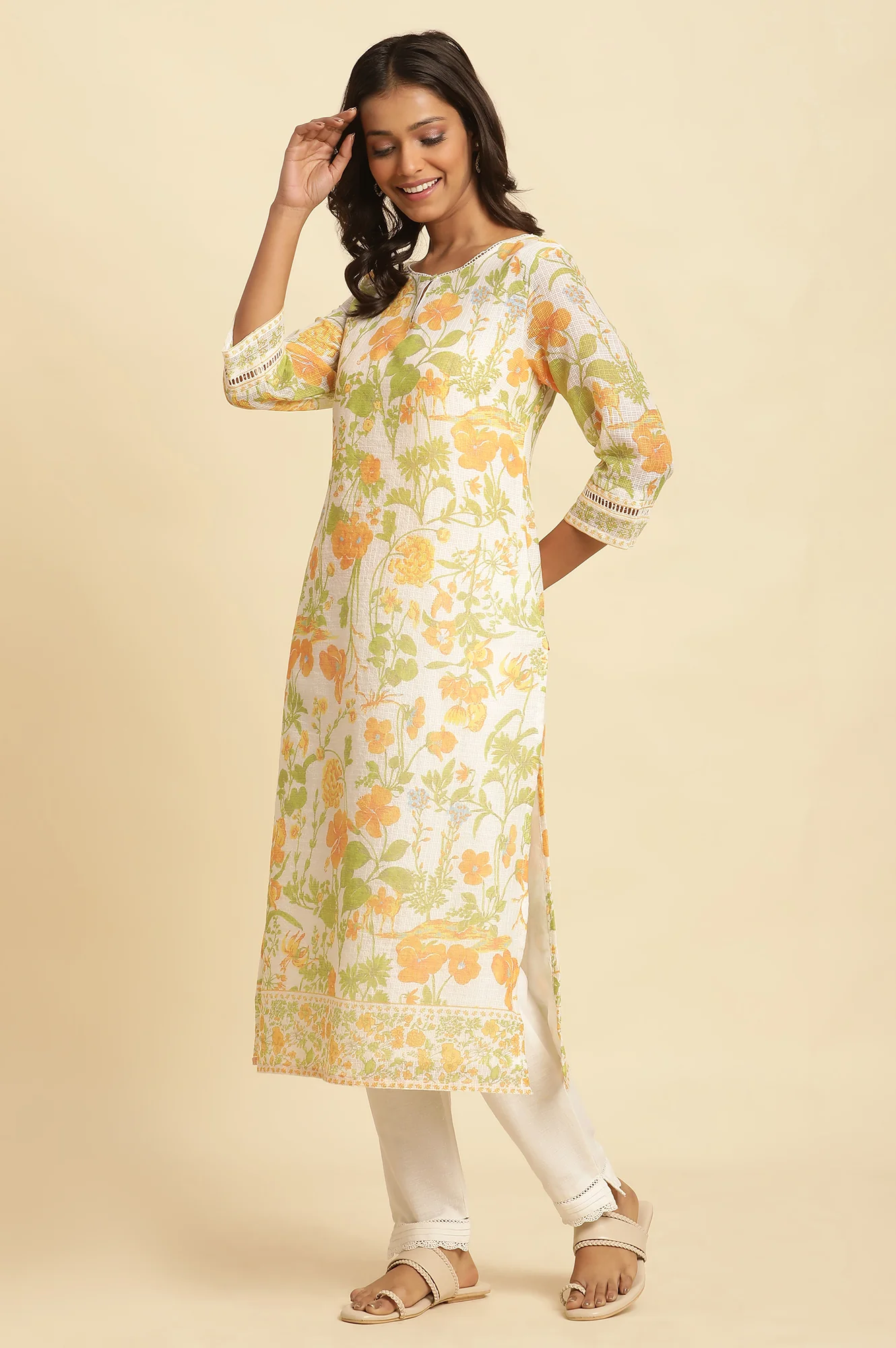 White Floral Printed Cotton Kurta - Image 5