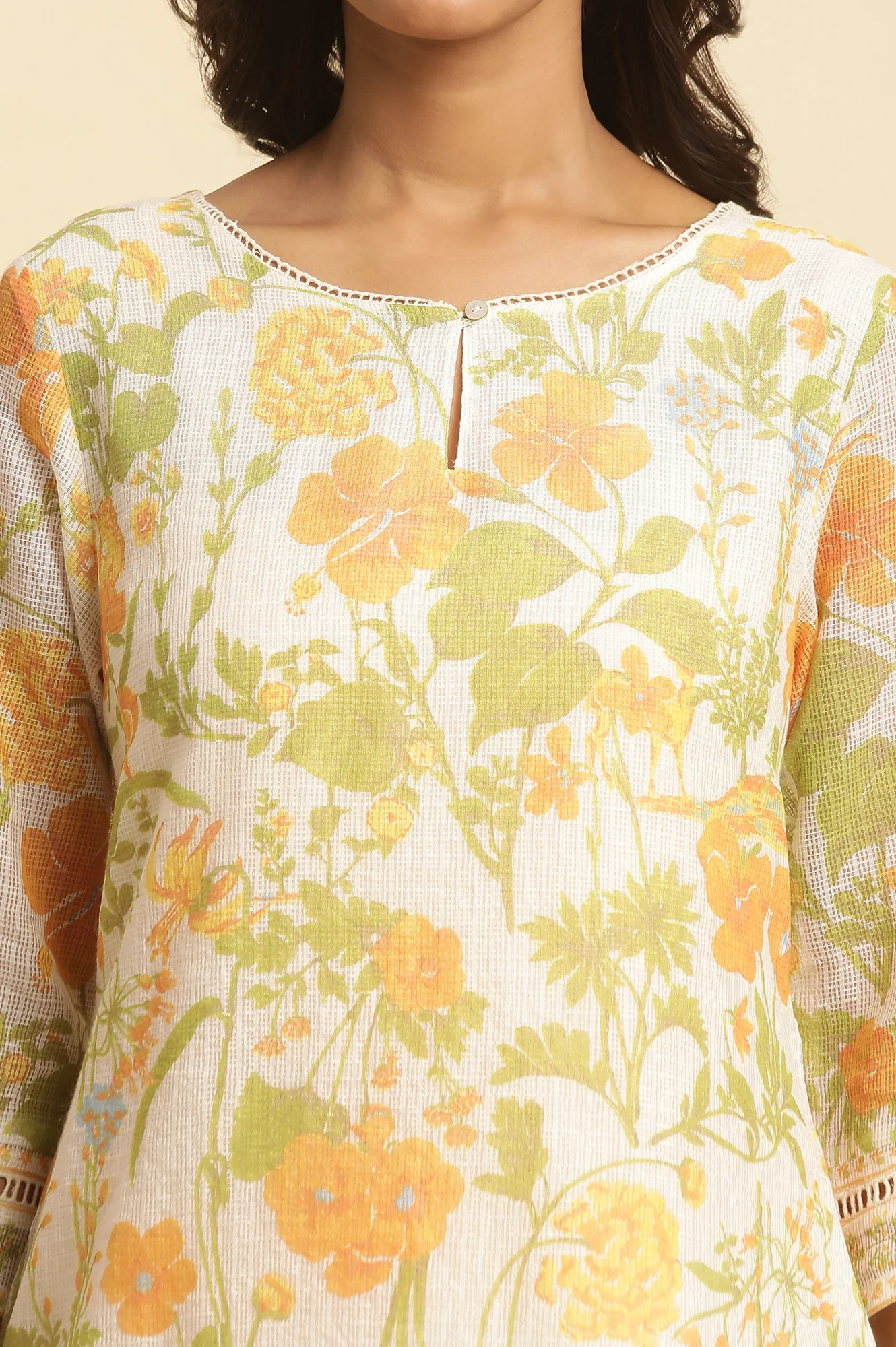 White Floral Printed Cotton Kurta - Image 6