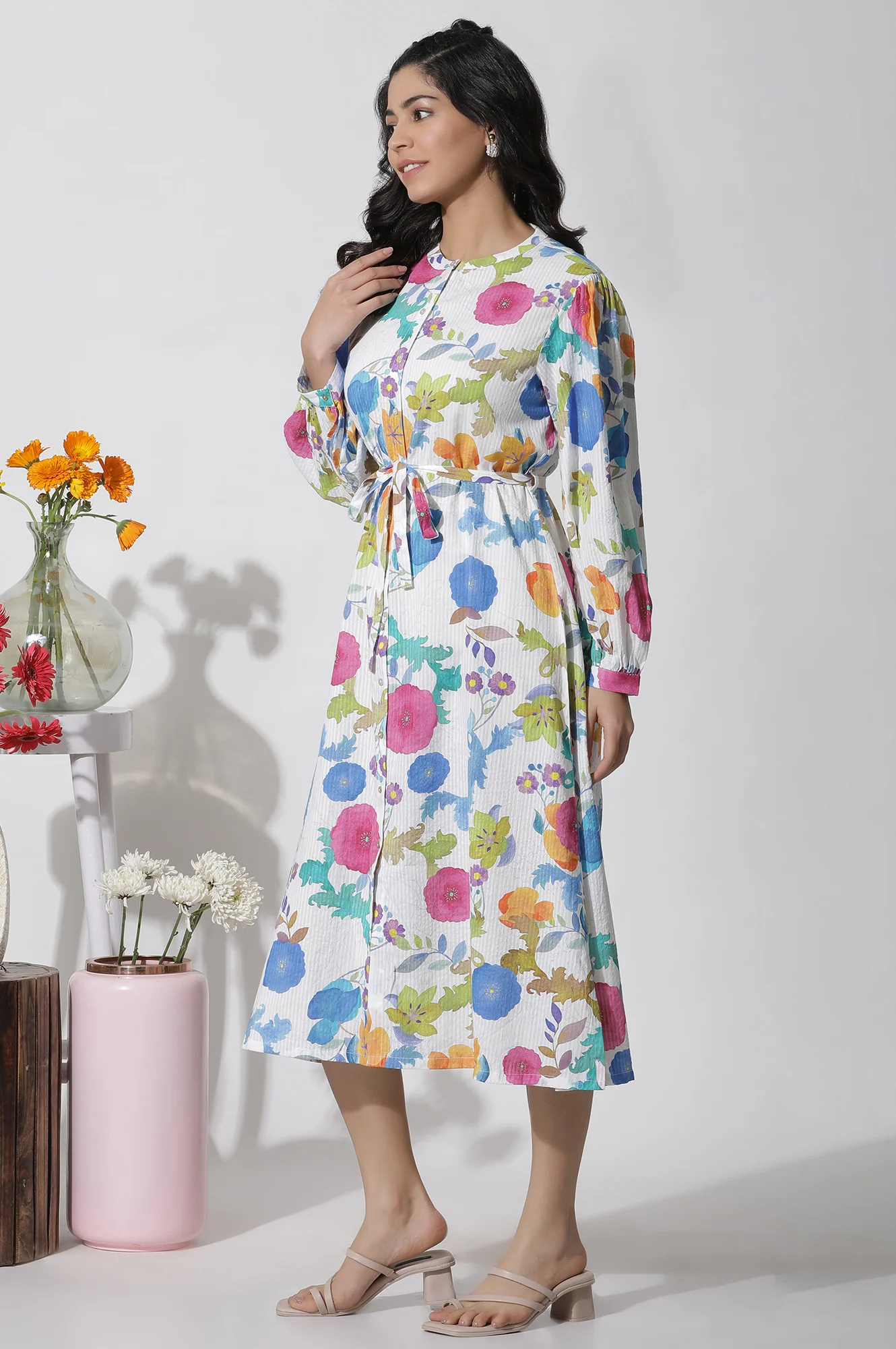 White Floral Printed Cotton Shirt Dress - Image 5