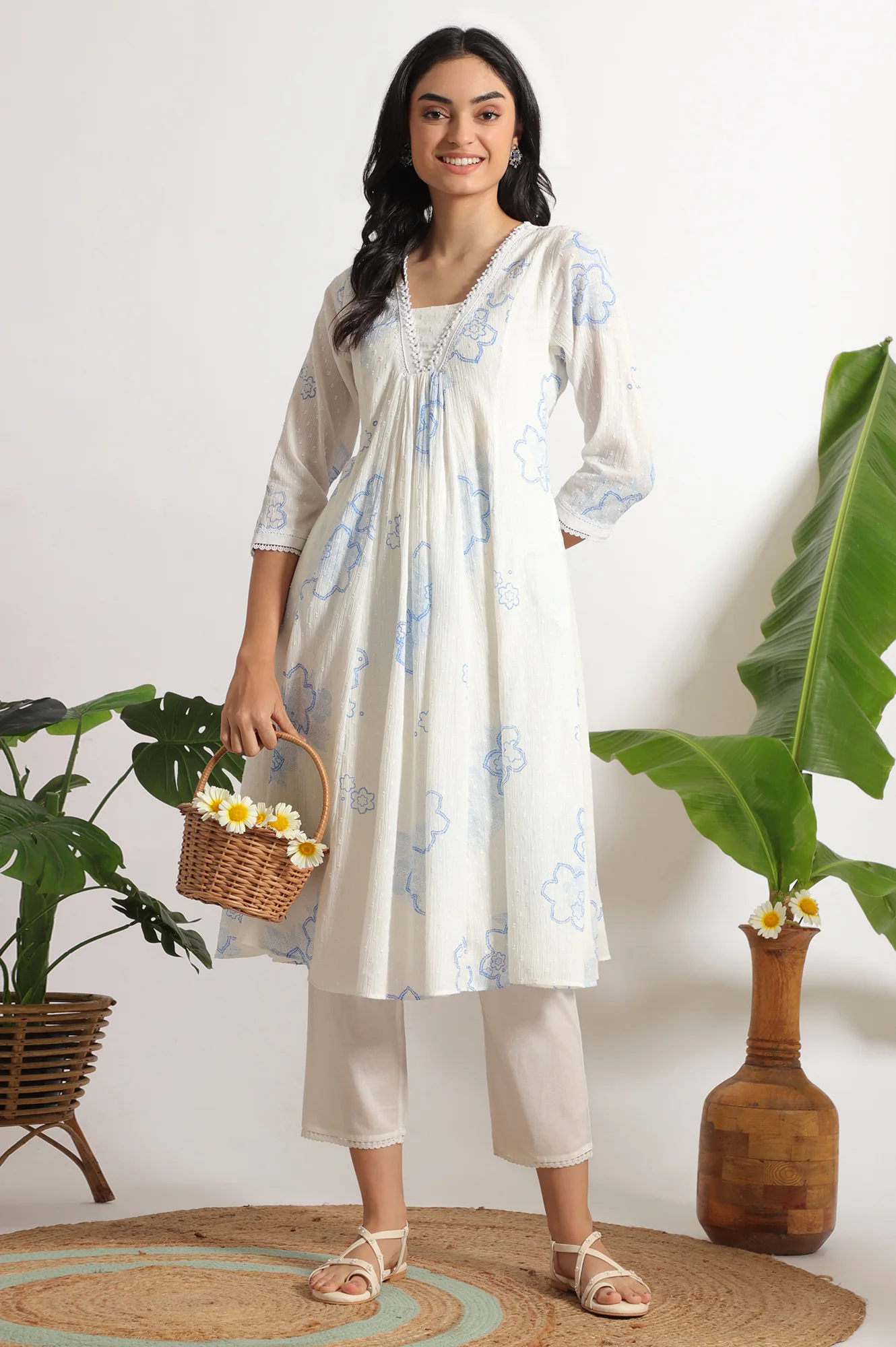 White Floral Printed Cotton Swiss Dot Kurta and Pants Co-ord Set - Image 2