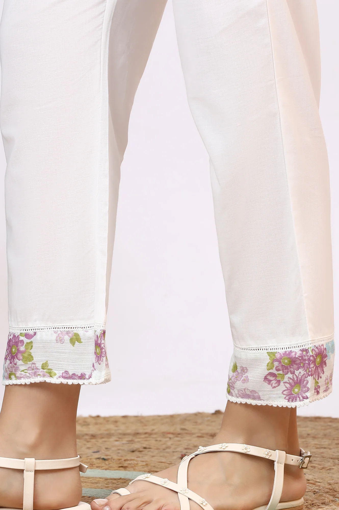 White Floral Printed Crinkle Cotton Flared Kurta, Pants and Dupatta Set - Image 10