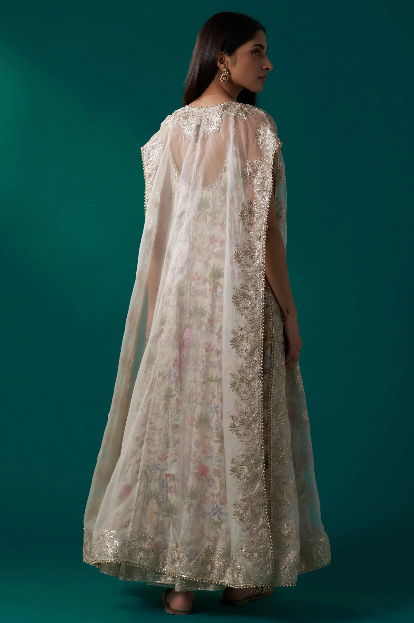 White Floral Printed Anarkali Dress and Embroidered Organza Cape Set - Image 5