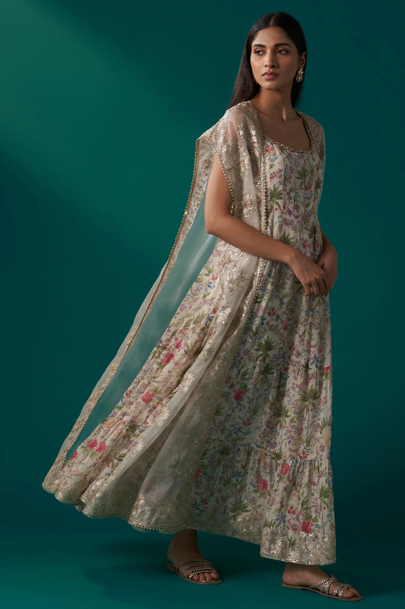 White Floral Printed Anarkali Dress and Embroidered Organza Cape Set - Image 6