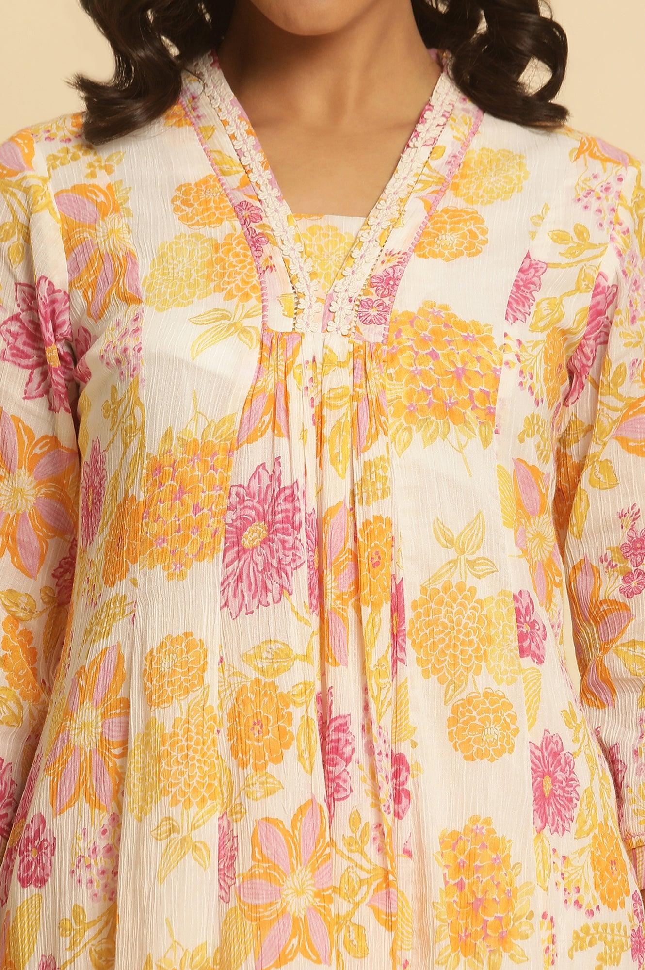 White Floral Printed Flared Kurta - Image 7