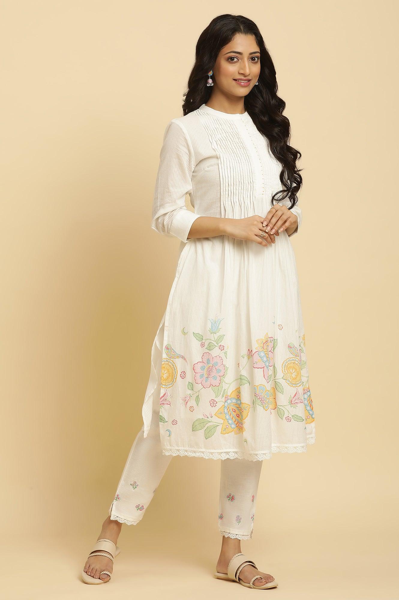 White Floral Printed Kurta and Pants Set - Image 6