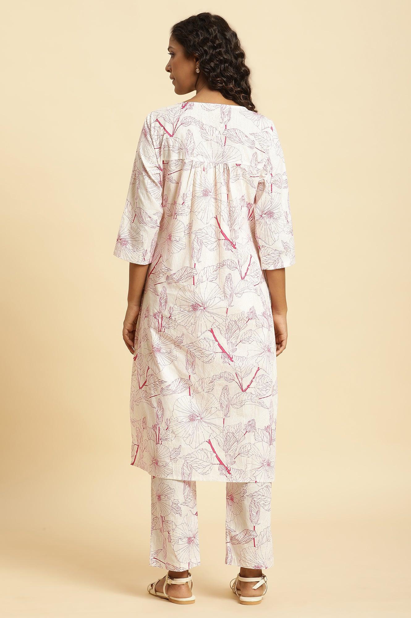 White Floral Printed Kurta And Pants Co-Ord Set - Image 4