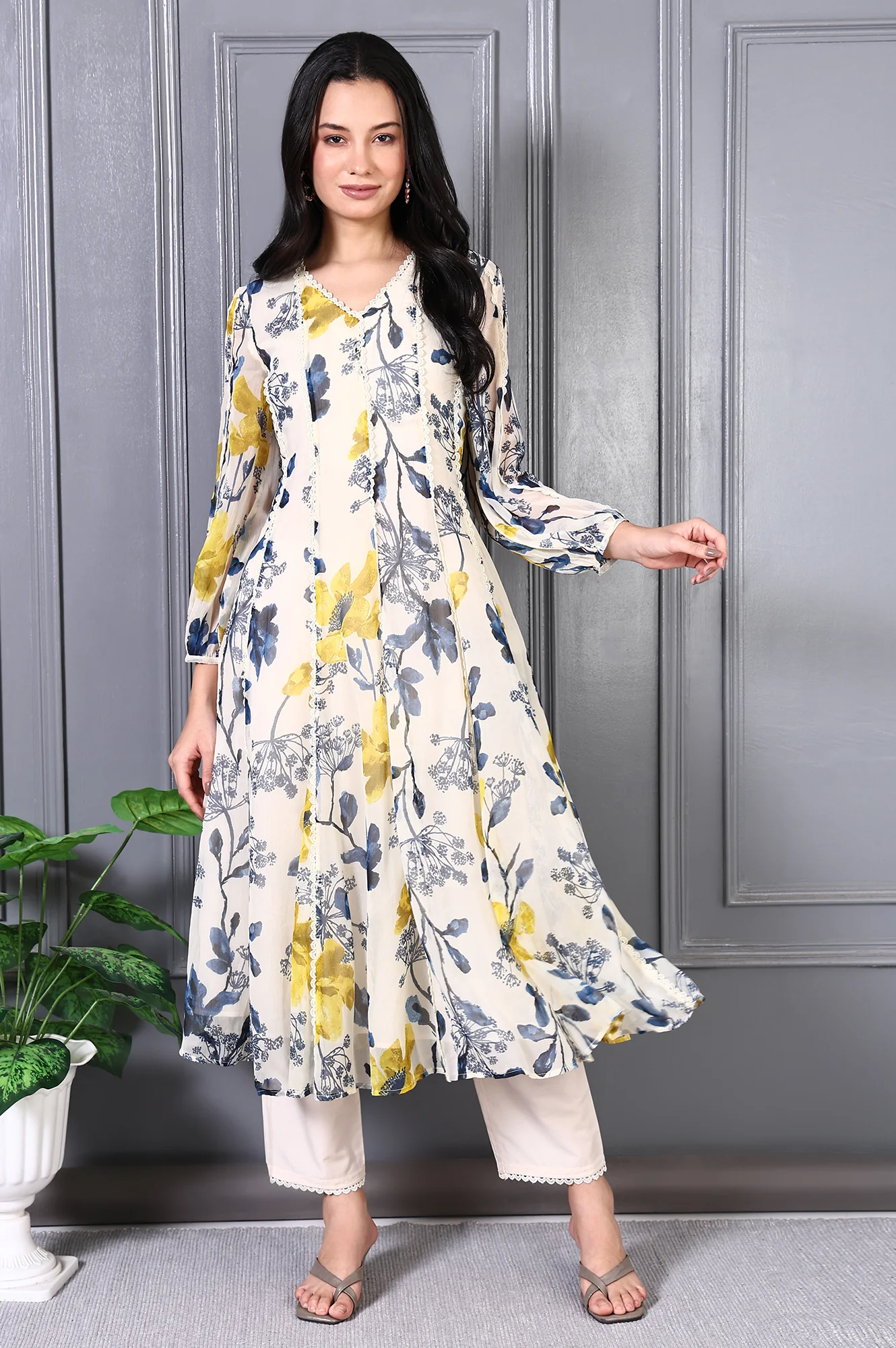 White Floral Printed Lace Chiffon Flared Kurta and Pants Set