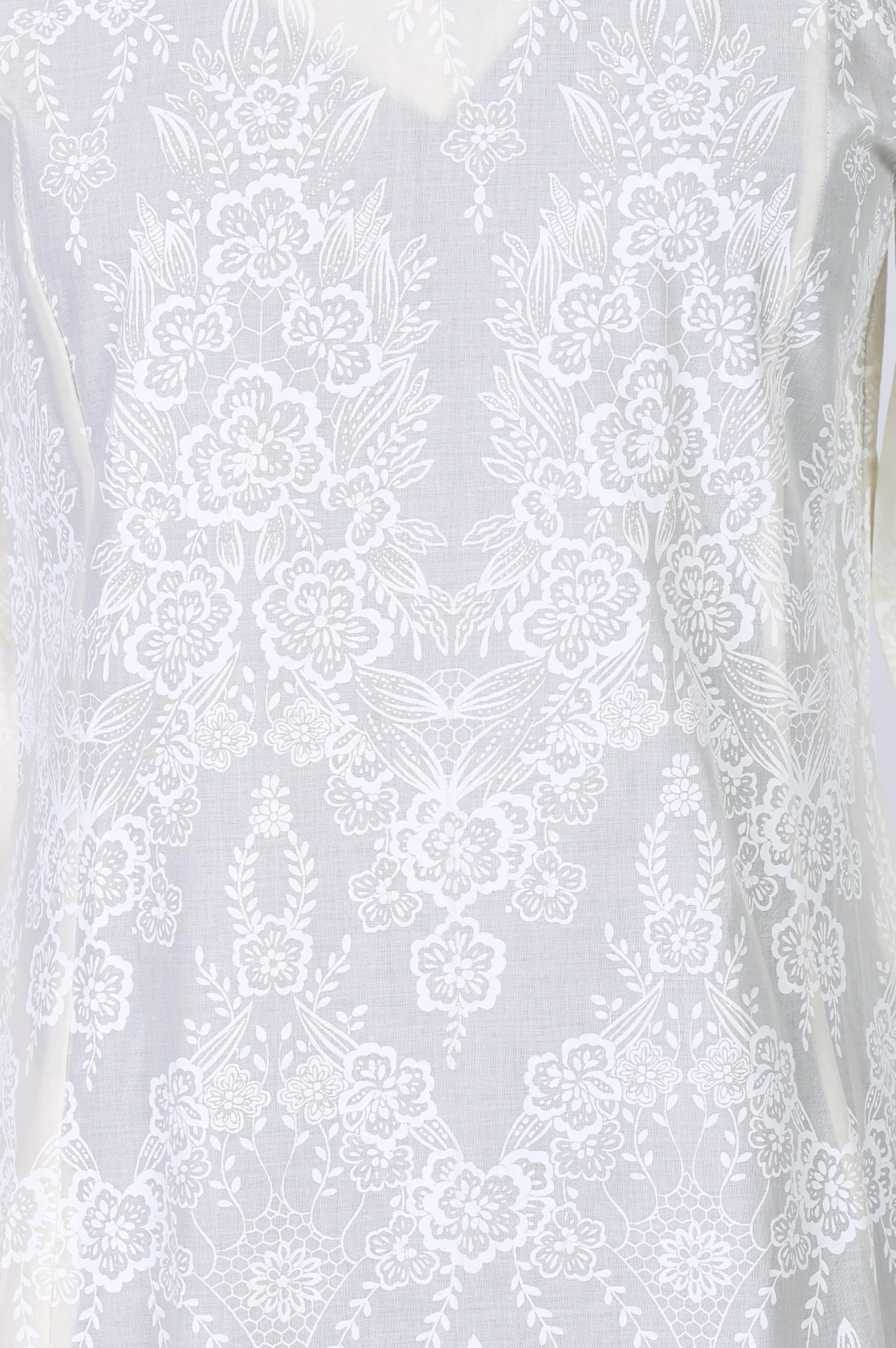 White Floral Printed Lace Pure Cotton Straight Kurta - Image 2
