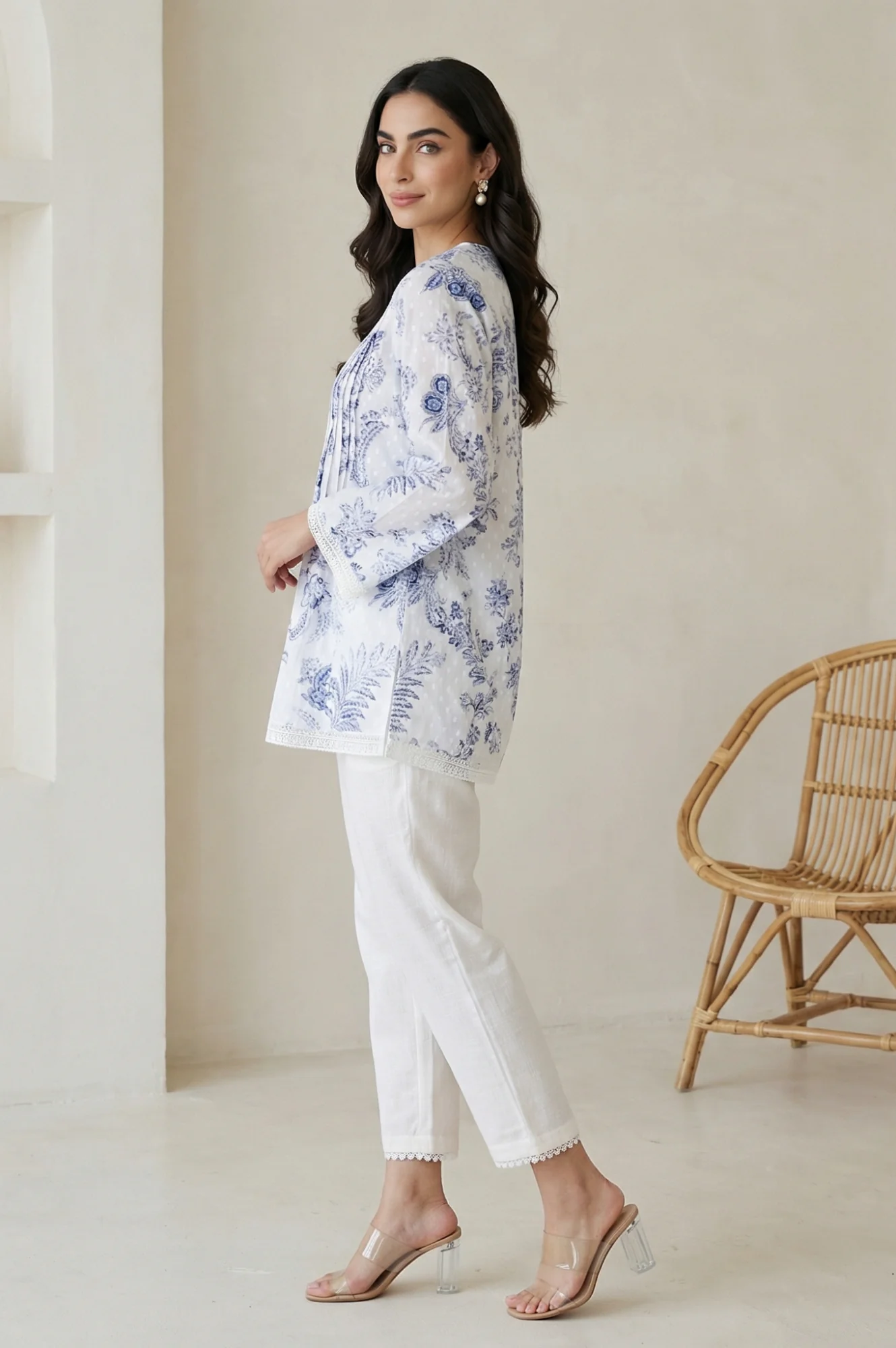 White Floral Printed Lace Pure Cotton Straight Top - Image 4
