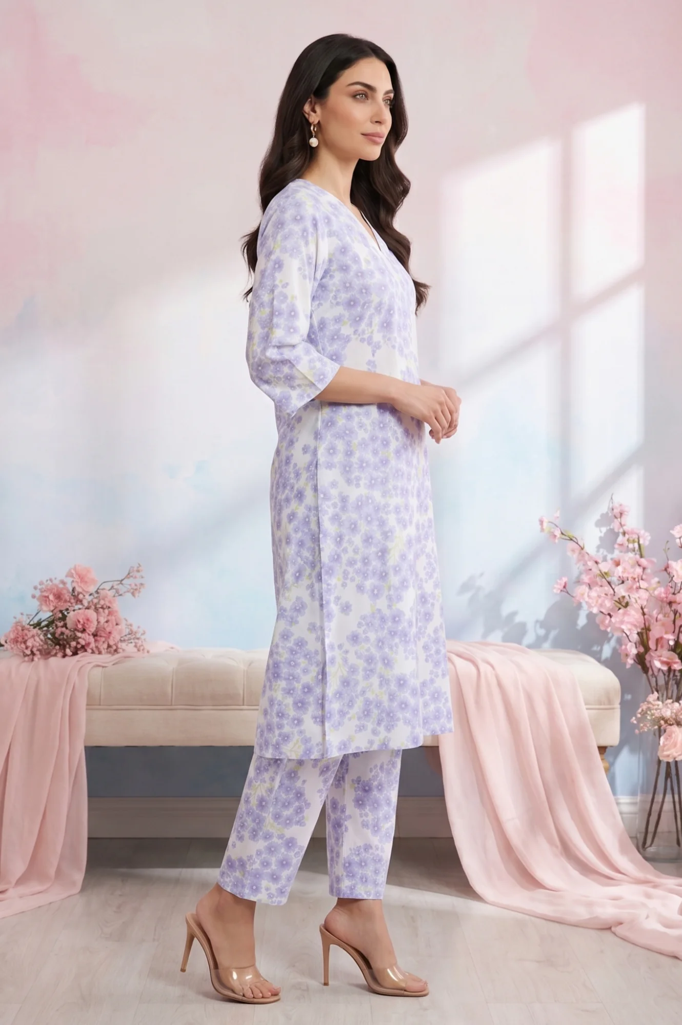 White Floral Printed Pure Cotton A-line Kurta with Pants Co-ord Set - Image 6