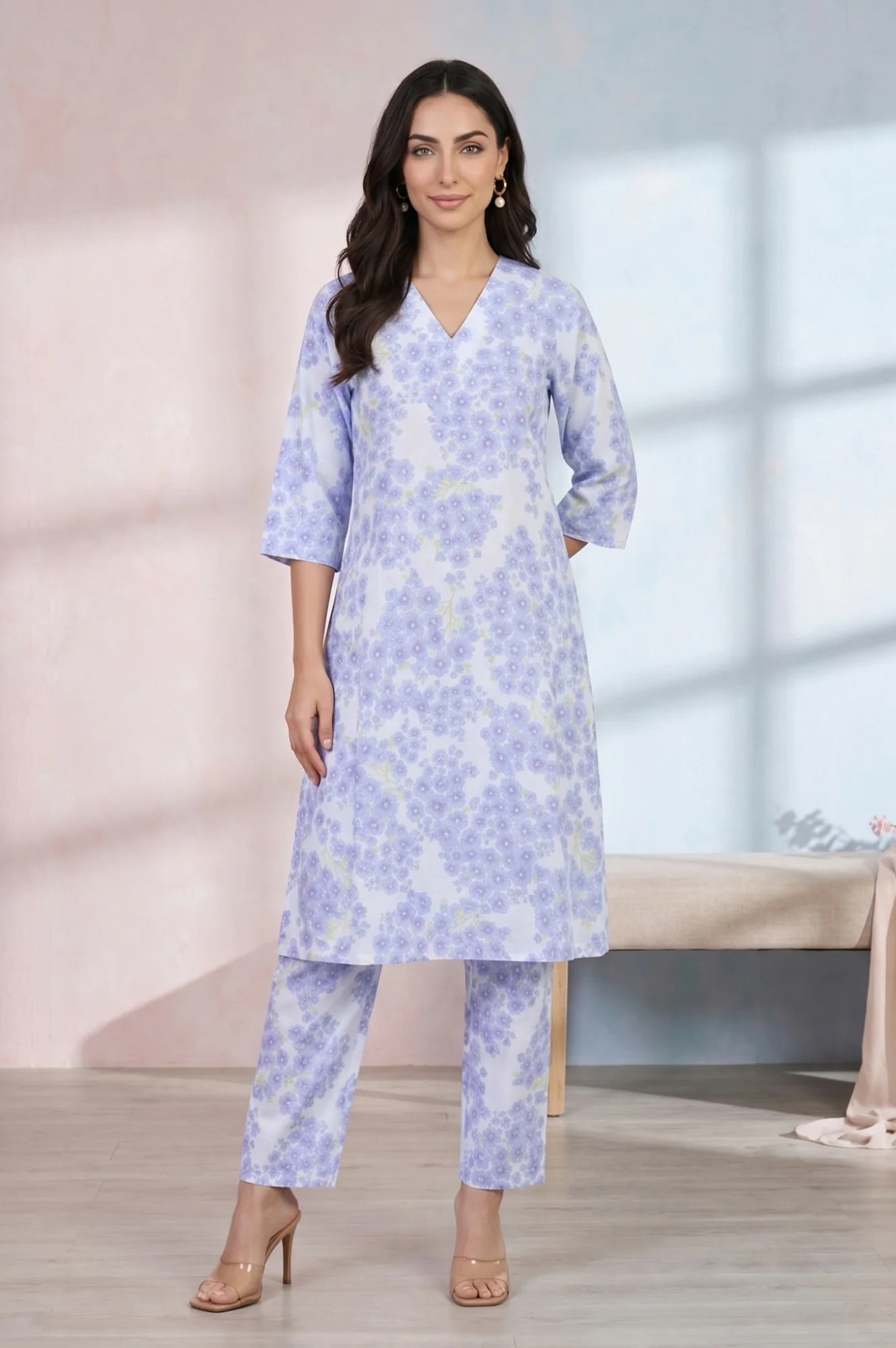 White Floral Printed Pure Cotton A-line Kurta