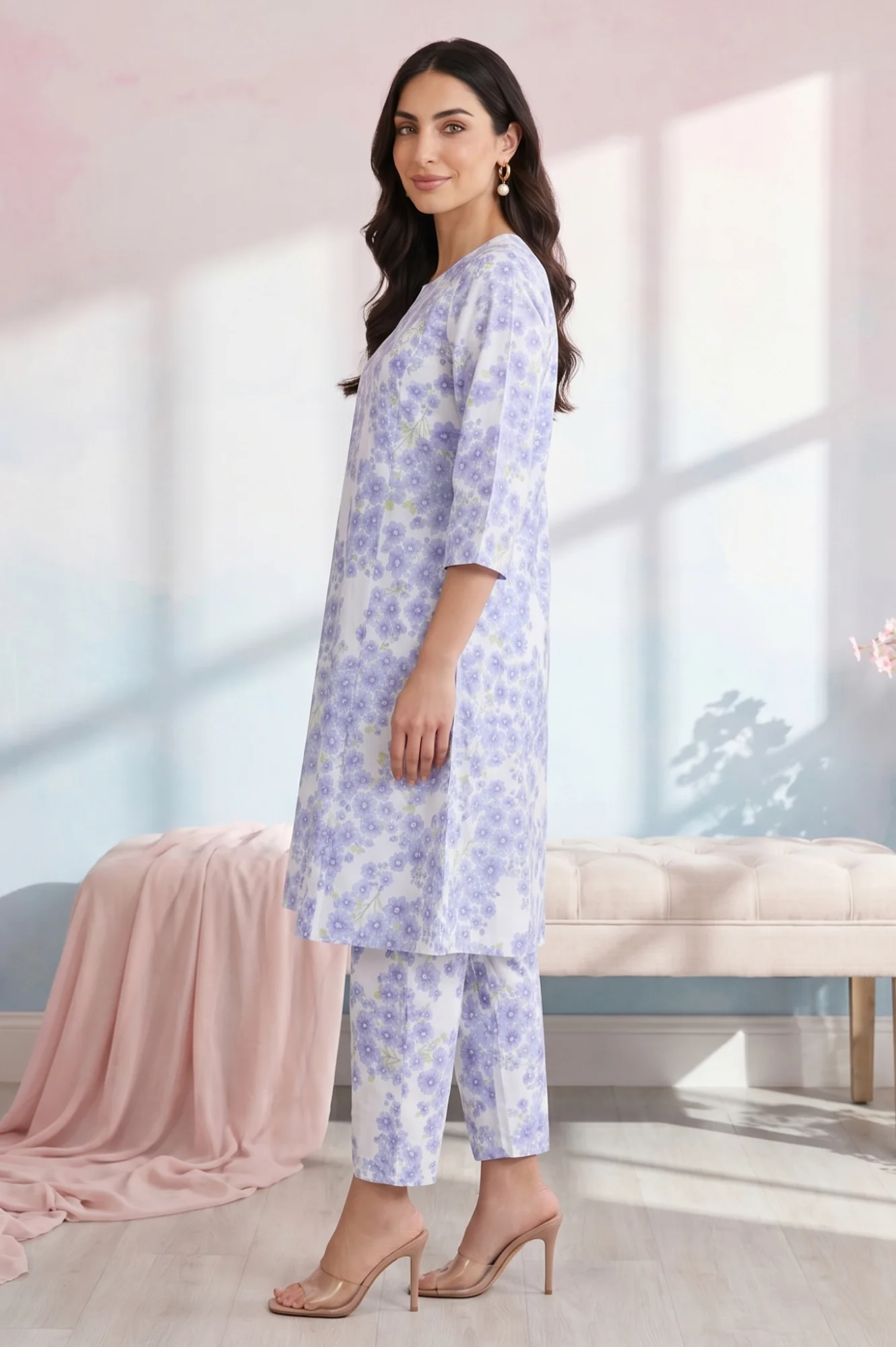 White Floral Printed Pure Cotton A-line Kurta - Image 4