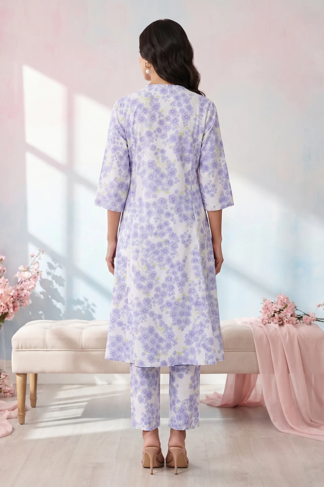 White Floral Printed Pure Cotton A-line Kurta - Image 5