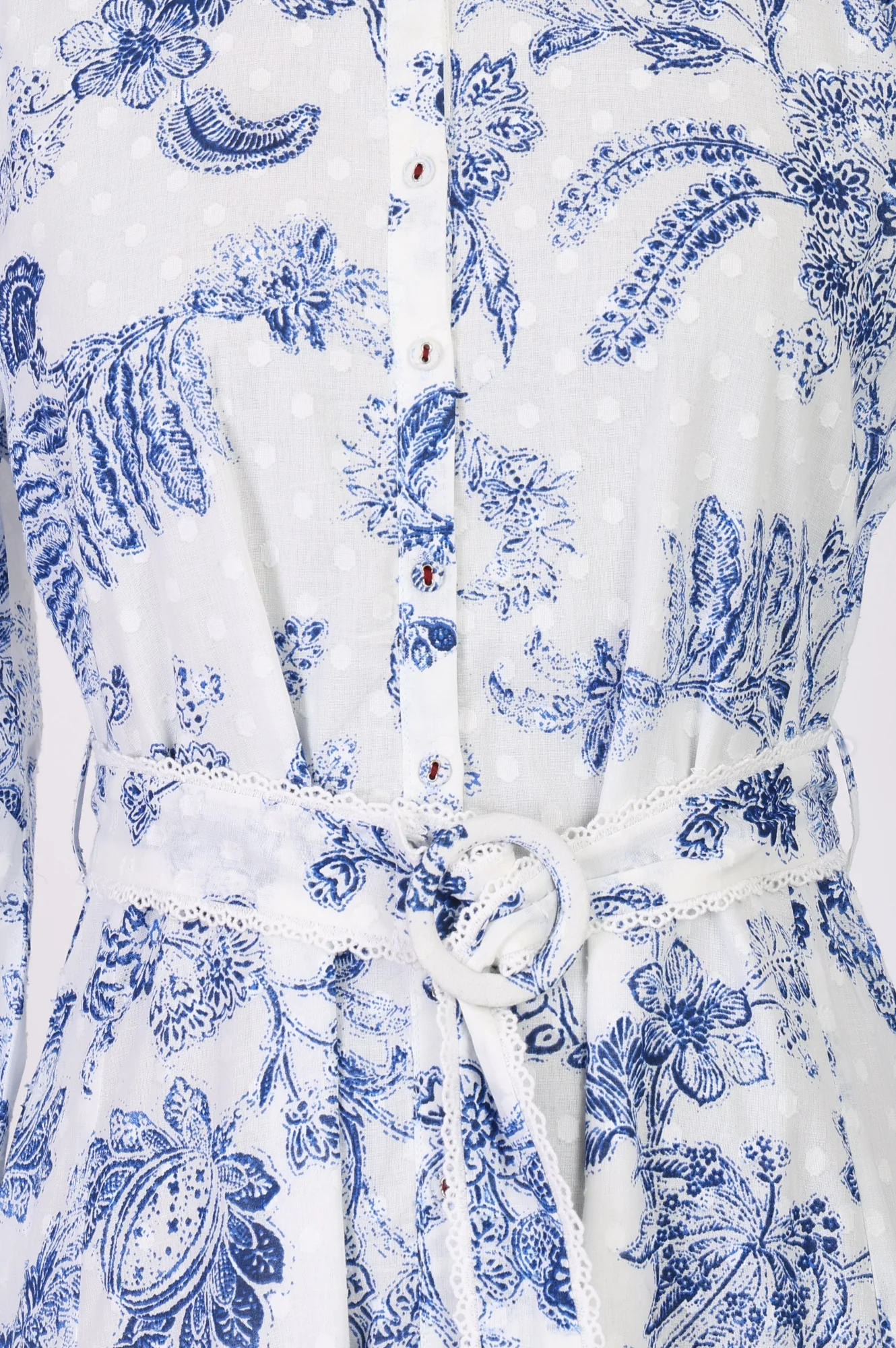 White Floral Printed Pure Cotton A-line Shirt Dress with Fabric Belt - Image 2