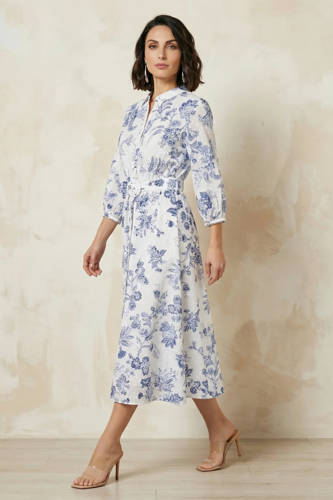 White Floral Printed Pure Cotton A-line Shirt Dress with Fabric Belt - Image 4