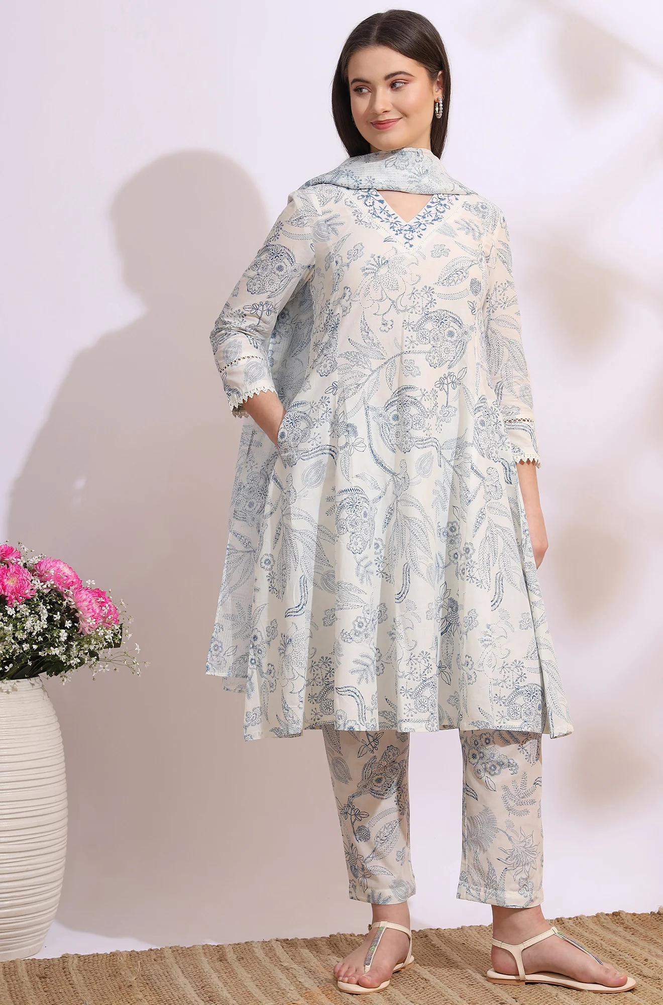 White Floral Printed Pure Cotton Anarkali Kurta, Pants Set with Dupatta - Image 3