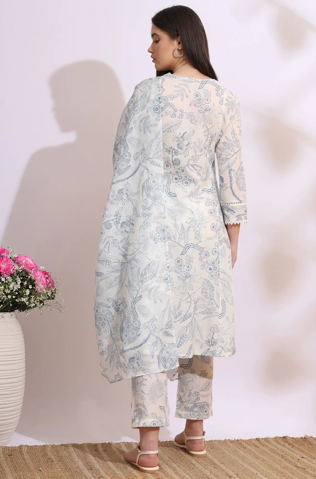 White Floral Printed Pure Cotton Anarkali Kurta, Pants Set with Dupatta - Image 6