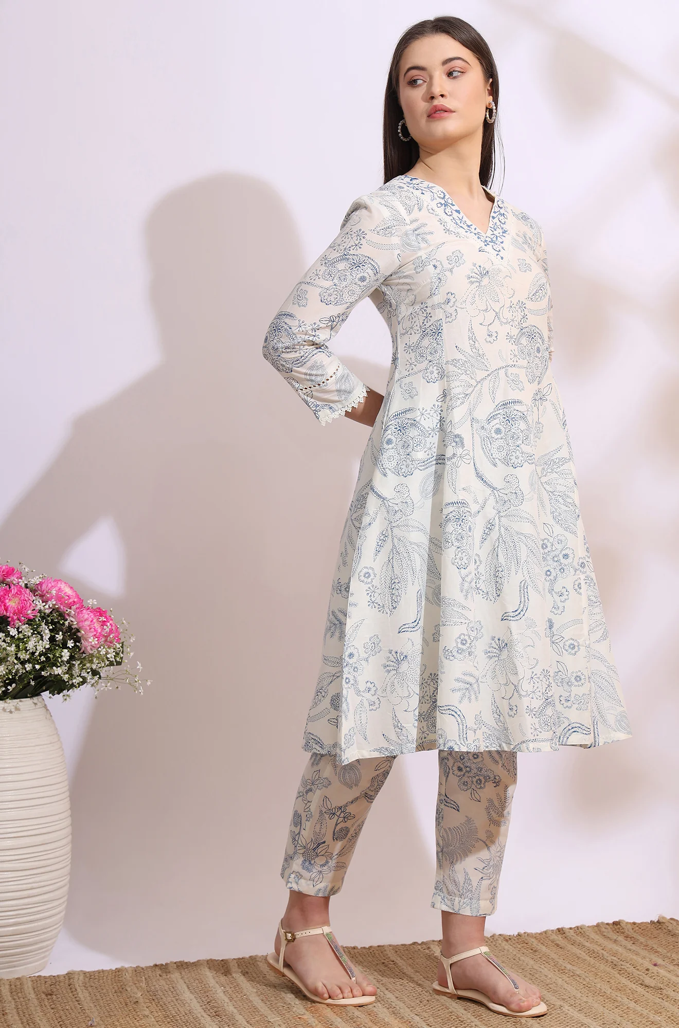 White Floral Printed Pure Cotton Anarkali Kurta, Pants Set with Dupatta - Image 7