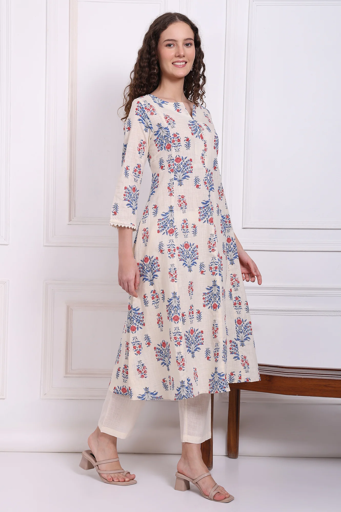 White Floral Printed Pure Cotton Flared Kurta, Pants and Dupatta Set - Image 6
