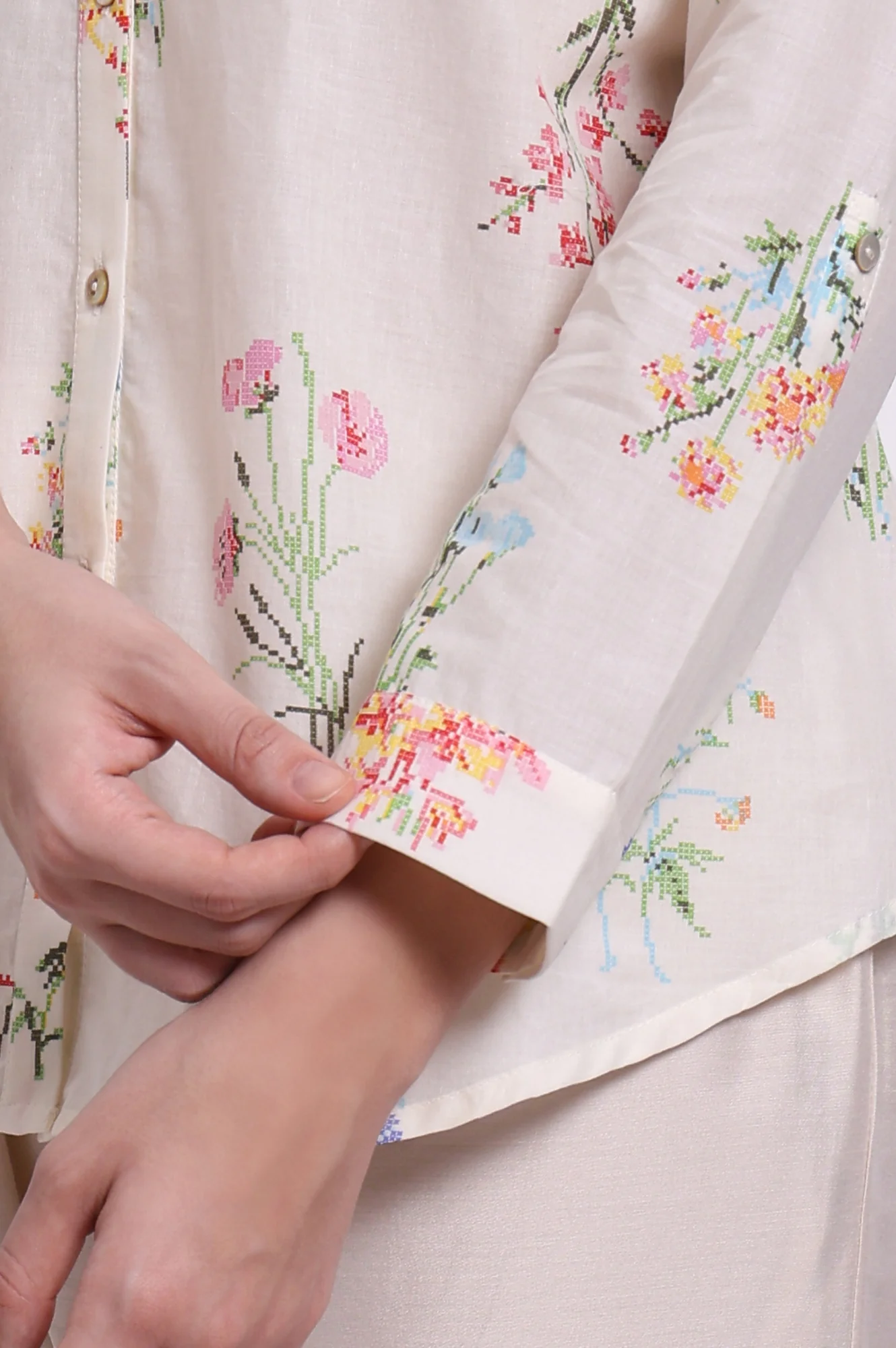 White Floral Printed Pure Cotton Mandarin Collar Shirt - Image 7