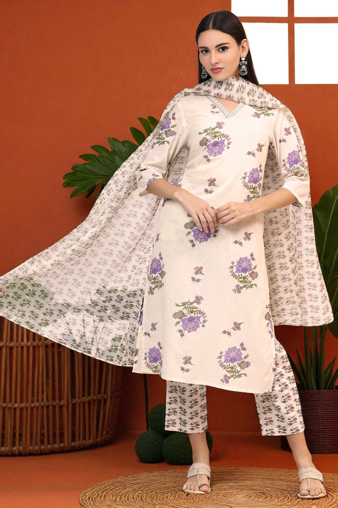 White Floral Printed Pure Cotton Straight Kurta and Pants Co-ord Set with Dupatta