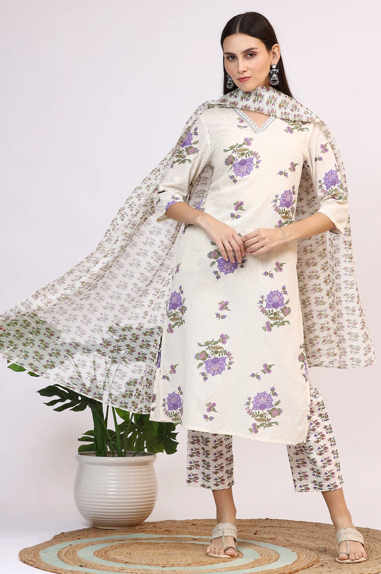 White Floral Printed Pure Cotton Straight Kurta and Pants Co-ord Set with Dupatta - Image 2